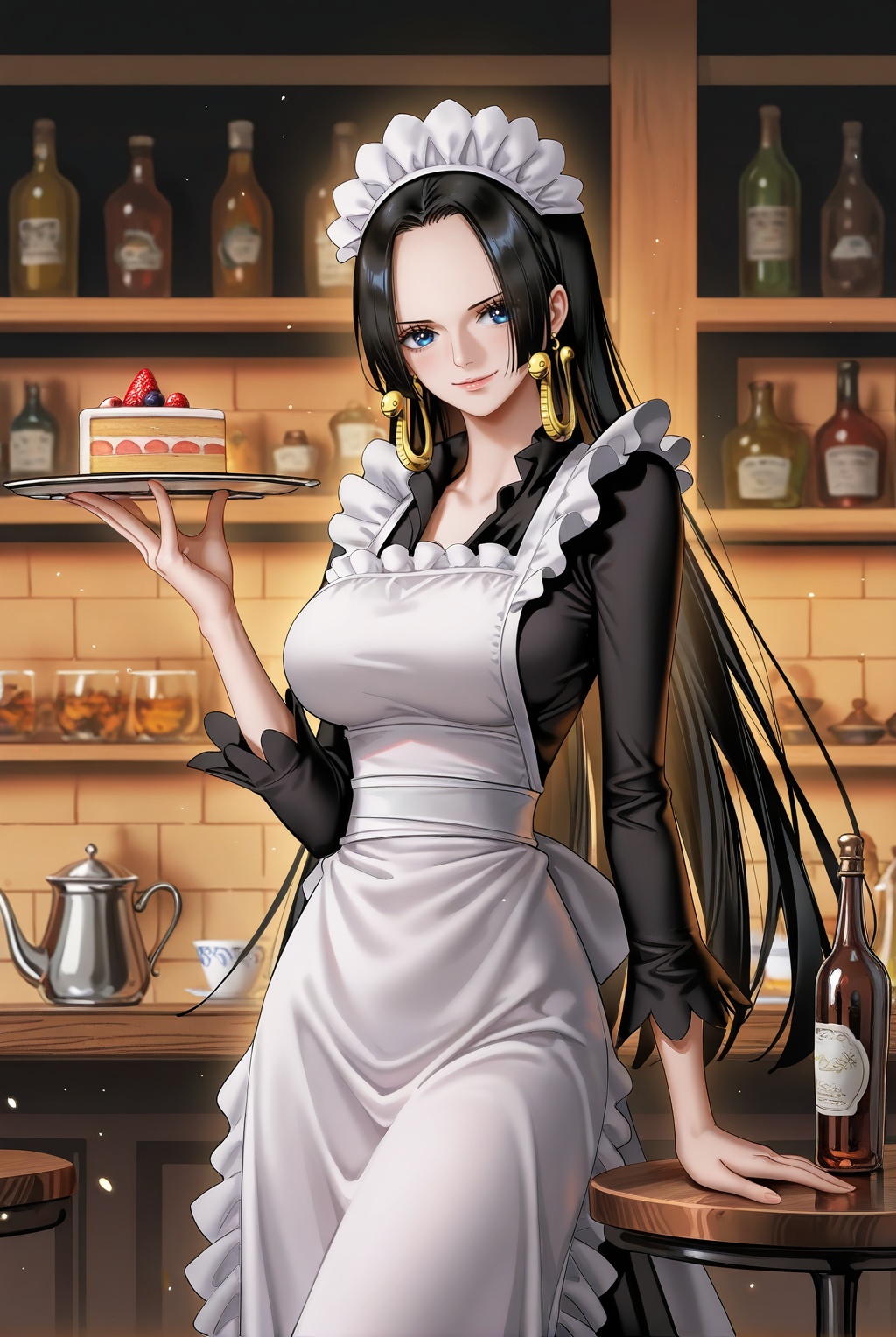 8k,best quality,masterpiece,(ultra-detailed),(high detailed skin),[artist:wlop],[artist:ningen_mame],artist:ciloranko,[[artist:rhasta]],artist:tidsean,looking at viewer,<lora:女帝ILL:0.6>,nvdi,black hair,1girl,long hair,jewelry,earrings,blue eyes,boa hancock one piece,boa hancock,<lora:立绘构图ILL:0.2>,lihui,1girl,black hair,jewelry,earrings,solo,maid,long hair,maid headdress,cake,apron,food,enmaided,smile,breasts,maid apron,looking at viewer,dress,large breasts,bottle,blue eyes,black dress,cup,white apron,blush,