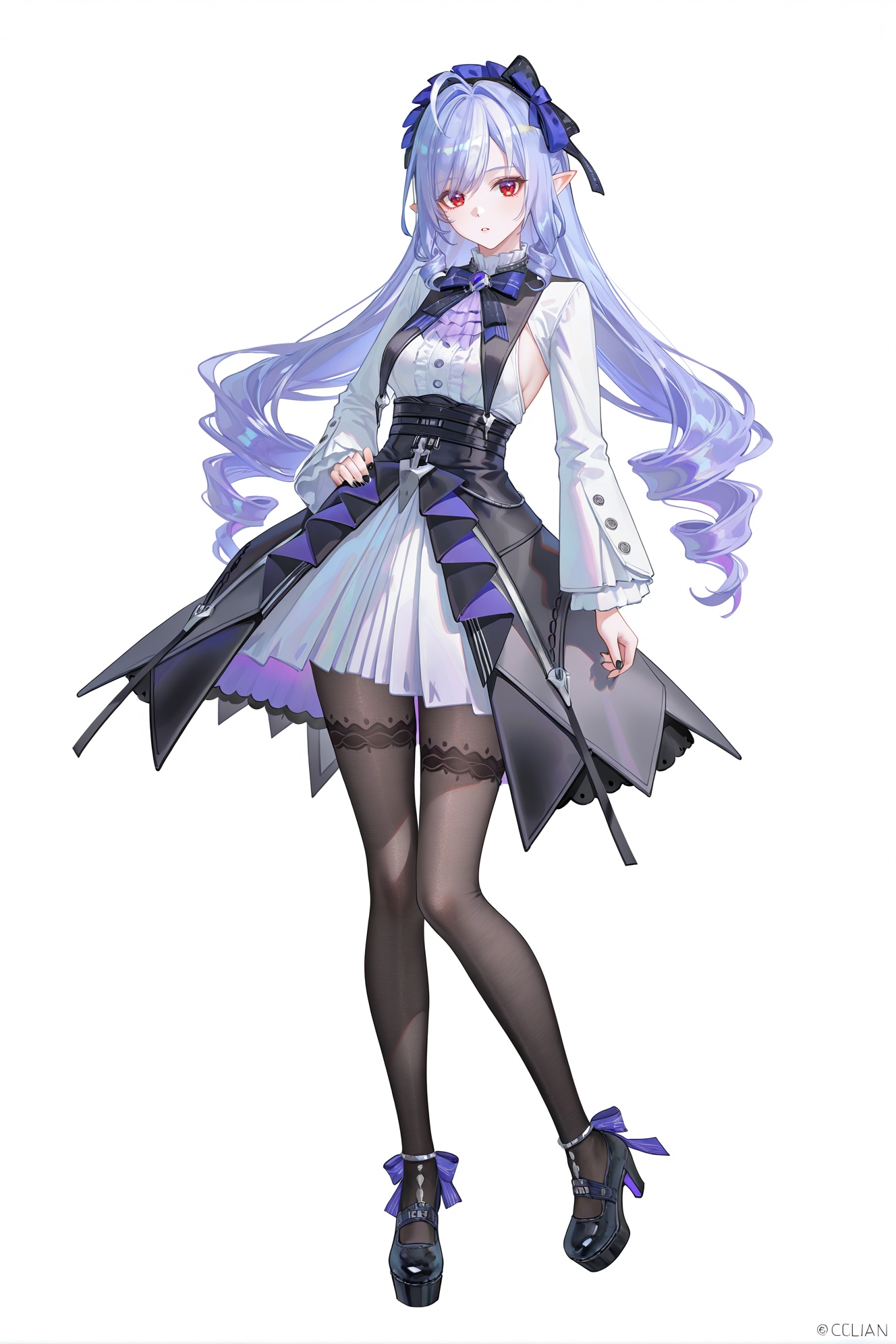 8k,best quality,masterpiece,(ultra-detailed),(high detailed skin),((artist:reoen),(artist:fuzichoco),(artist:atdan),(artist:torino_aqua),year 2024:0.8)1girl,[artist:wlop],[artist:ningen_mame],artist:ciloranko,[[artist:rhasta]],artist:tidsean,colorful,full body,full shot,standing,looking at viewer,(solo:1.2),simple background,(white background:1.2),hand on own hip,(white background:1.1),<lora:vivian-ill-Tanger:0.8>,vivian \(zenless zone zero\),clothes: vivian def dress,vivian hairband with bow,1girl,red eyes,long hair,black footwear,long sleeves,pointy ears,bow,black pantyhose,