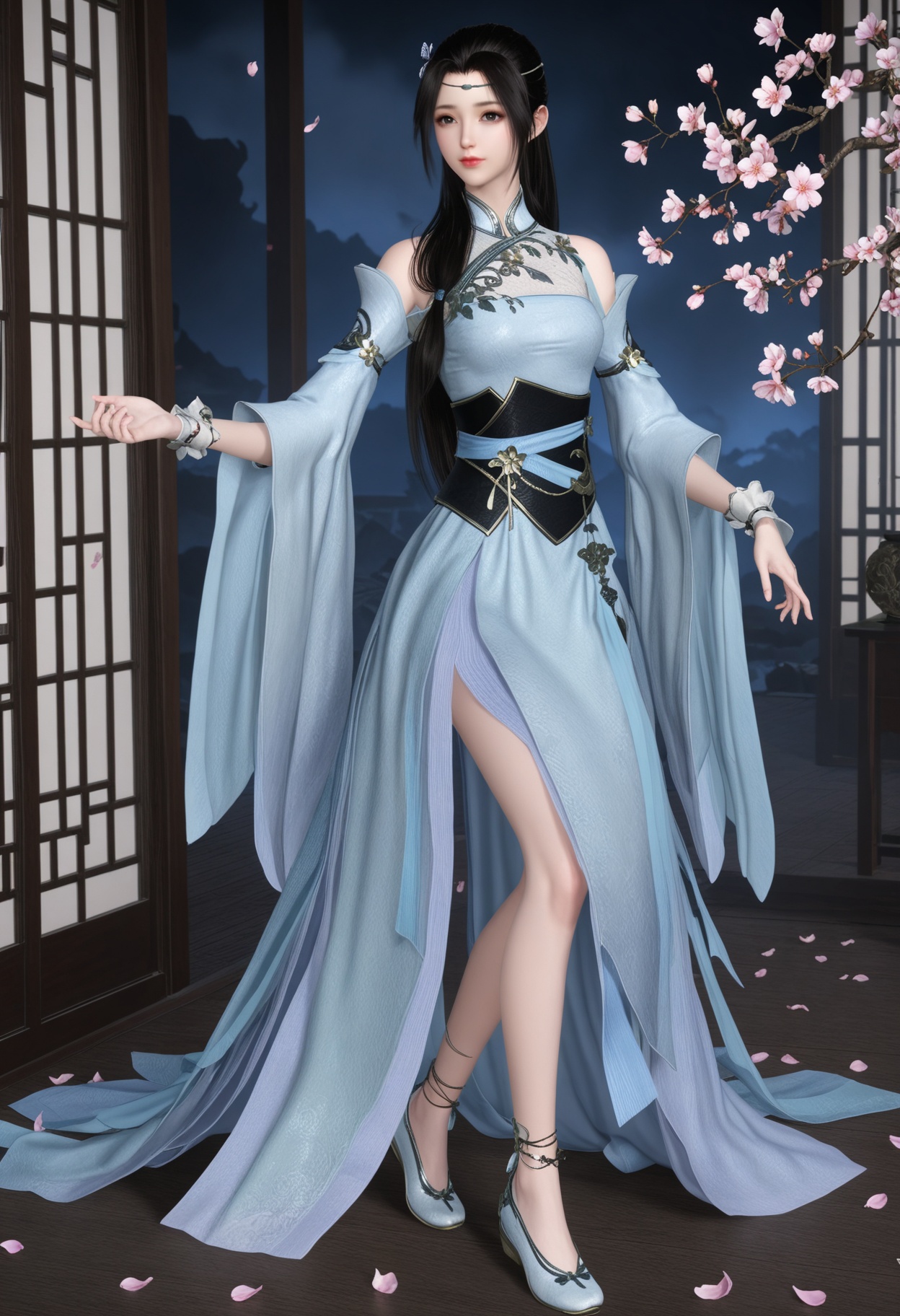 (full_body:1.2),(looking at viewer:1.1),masterpiece,(best quality),smog,Dark room,dim lighting,peach blossom,falling petals,<lora:YQ_Illustrious光辉v5_叶雪青_V1:0.8>,q1528437228,1girl,solo,long hair,black hair,dress,hair ornament,white dress,chinese clothes,detached sleeves,sash,butterfly hair ornament,jewelry,brown hair,bracelet,circlet,black eyes,wide sleeves,long sleeves,obi,white footwear,