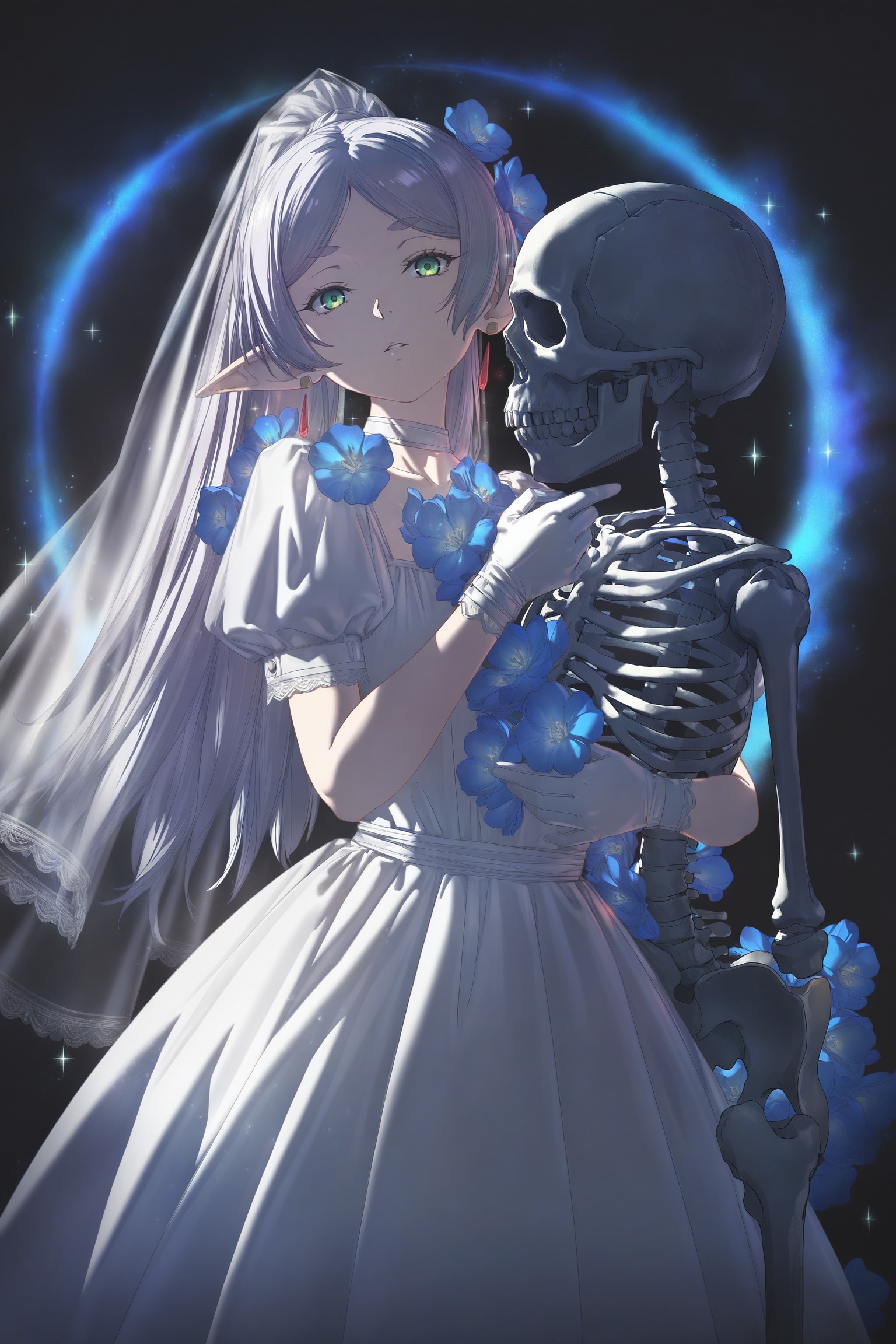 sousou no frieren,frieren,1girl,elf,pointy ears,long hair,grey hair,ponytail,parted bangs,green eyes,parted lips,looking at viewer,earrings,jewelry,dress,white dress,puffy short sleeves,puffy sleeves,short sleeves,veil,gloves,white gloves,flower,blue flower,holding skeleton,skeleton,cowboy shot,solo,standing,black background,glowing,light particles,sparkle,mystical aura,dramatic lighting,ethereal,fantasy,masterpiece,highres,detailed background,<lora:光辉V1正则miv4t画风V4-000012:0.8>,mivhuafeng,
