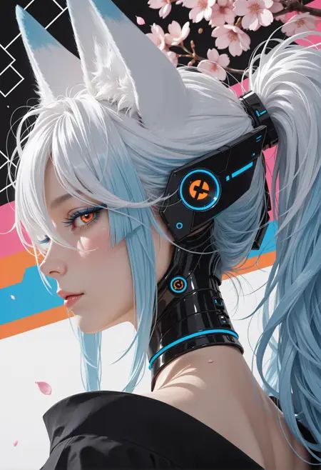 mature woman,(cyber-doll, cyber-body accents),fox ears, choker, kimono, cherry blossoms,skin pressed, black dress, blue lashes, long lashes, very awa, multicolored background, black inked, zigzag_background, white,white hair, blue hair, messy hair, ponytail, long hair, bangs, long bangs, orange eyes,portrait, profile, back view, tilted angle, close up, upper body with face focus, from below,looking at viewer, tilted head, blush, leer,(neon)