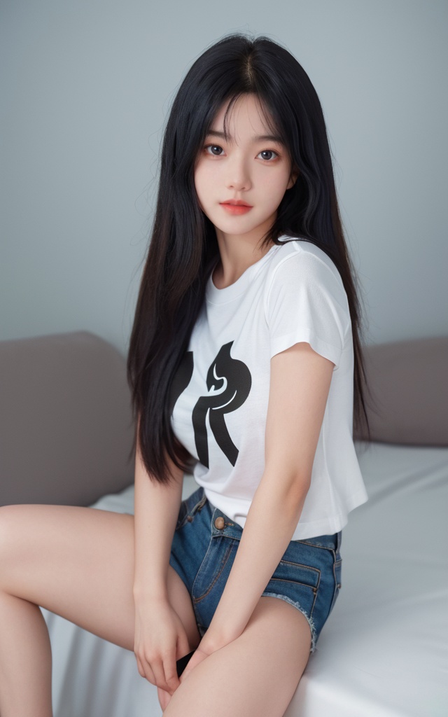 1girl,solo,sitting,long hair,realistic,looking at viewer,black hair,best quality,(high quality:0.9),4k,8k,(masterpiece:1,2),highres,high resolution,8k,RAW photo 8k,ultra high res,upon_body,photorealistic,dslr,8k uhd,Photograph,full body,beautiful fingers,Bare leg,Beautiful face,fair_skin,<lora:Student boon boon01-2:0.8>,white sox,t-shirt,cutoffs,