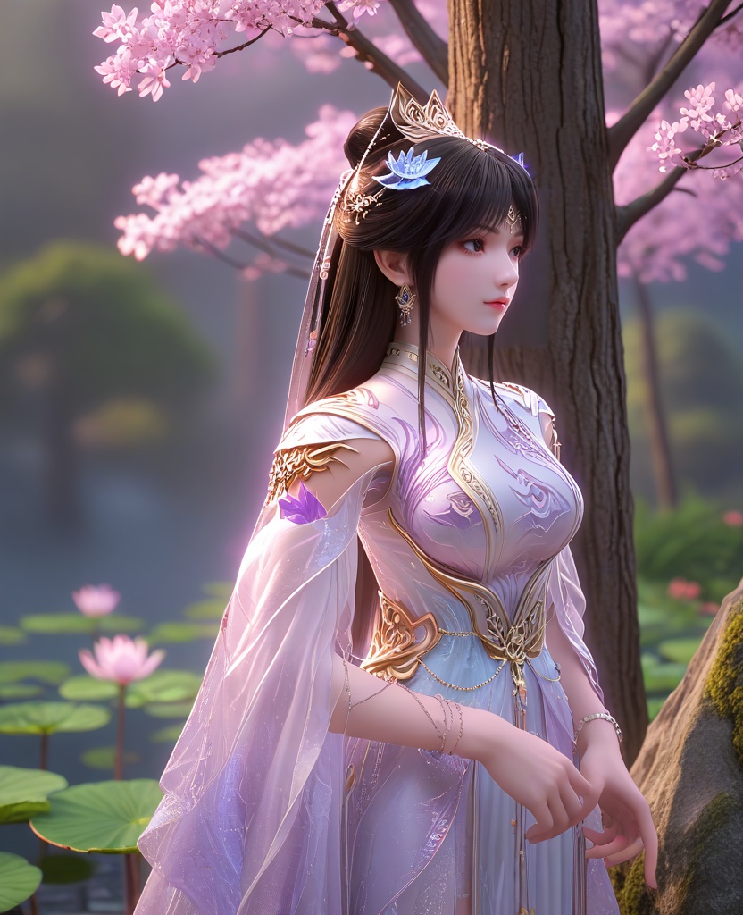 (Leaning against a tree, one foot against the trunk, looking serene and one with nature,:1.1),(large breasts:1.2),<lora:XL16云深不知梦云珞璇魂体:0.95>,miss yunluoxuan,white dress,black hair,long hair,hair ornament,earrings,jewelry,hair bun,bracelet,lotus throne,, score_9,score_8_up,score_7_up,score_6_up,score_5_up,score_4_up,3d rendering,tag1,tag2, Cinematic Lighting,backlighting,