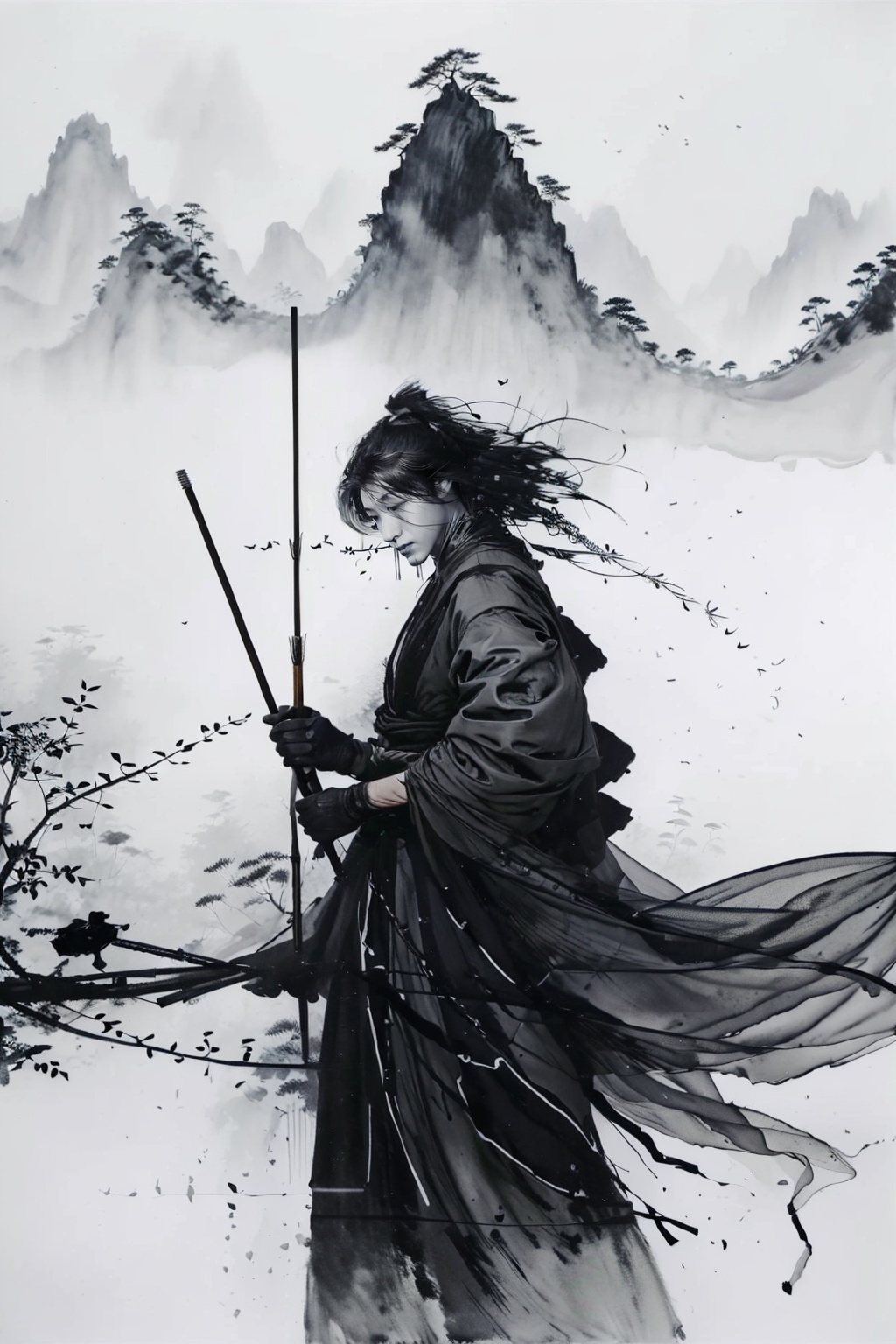 shuimo,<lora:**_v1.0:0.8>,archer girl,emerald hunting gear,jungle hunt,morning dew shimmer,arrows and arrows departing from the strings,animal companions traveling together,natural harmony,green and brown intertwined,ecological composition,tracking perspective,grayscale,monochrome,black and white ink painting scroll,