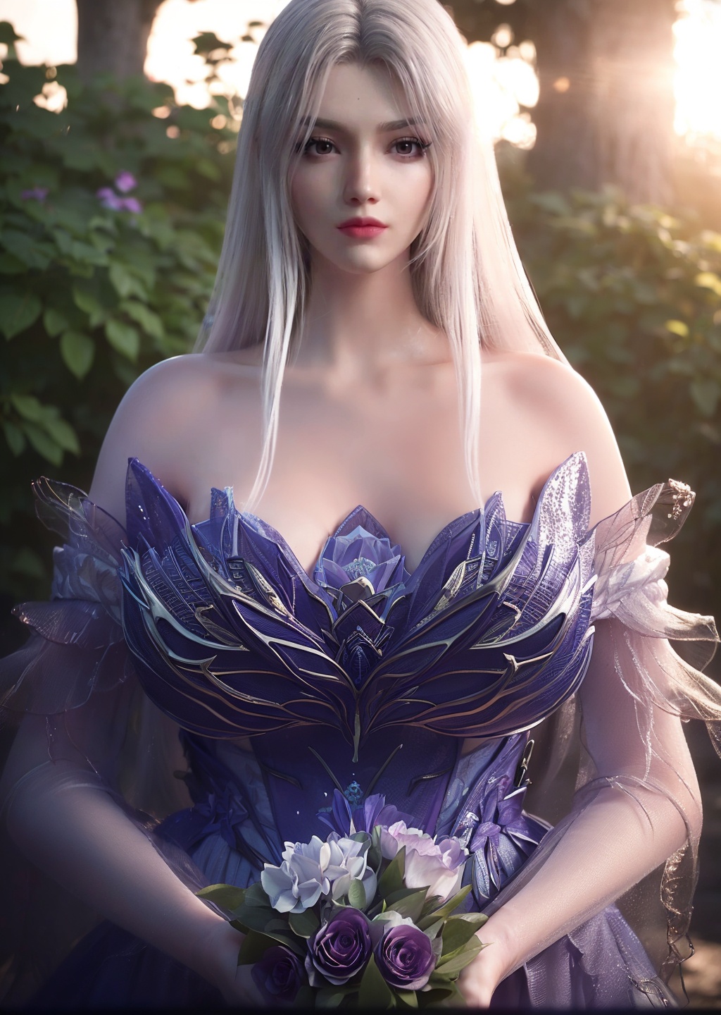 1girl,solo,white long hair,makeup,lipstick,((gigantic breasts:1.3)),dress,(looking at viewer),outdoors,rose,((sunlight)),((glowing)),(upper body),depth of field,Highly detailed,(ultra-detailed),(best quality:1.5,masterpiece:1.5),<lora:softlight-000010:1:lbw=TEST>,<lora:xiaoyixian:0.85>,<lora:服装增减:-1>,