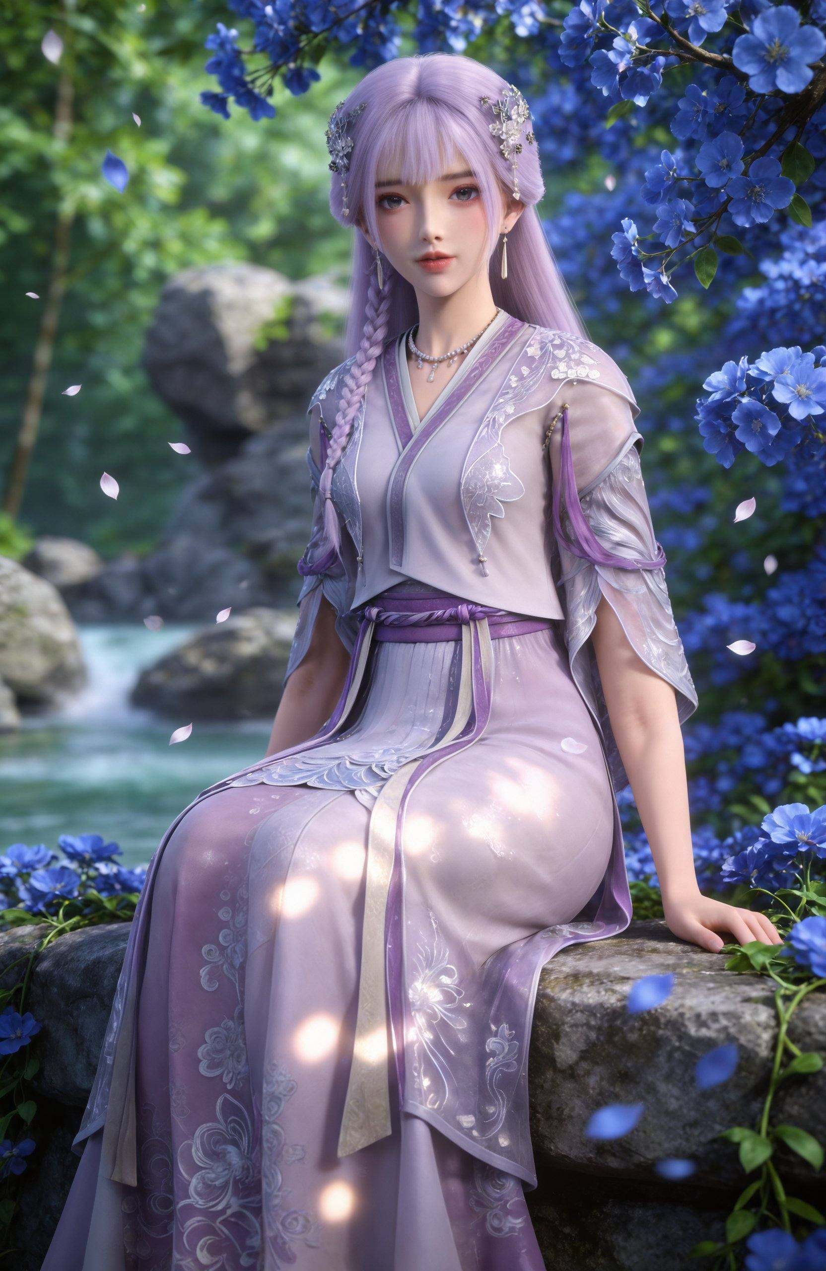 <lora:百炼成神3-小天穹Pony:0.8> 1girl, long hair, purple hair, hair flower, hair ornament, lips, side braid, earrings, chinese clothes, necklace, lavender dress,see-through,, masterpiece,best quality,amazing quality,very aesthetic,high resolution,ultra-detailed,absurdres,scenery,photorealistic,looking at viewer,moody lighting,peach blossom,falling petals,realistic,photorealistic details,, ,snowing, rock,,blurry,sitting,full body,arm support,blue flower,snowflakes