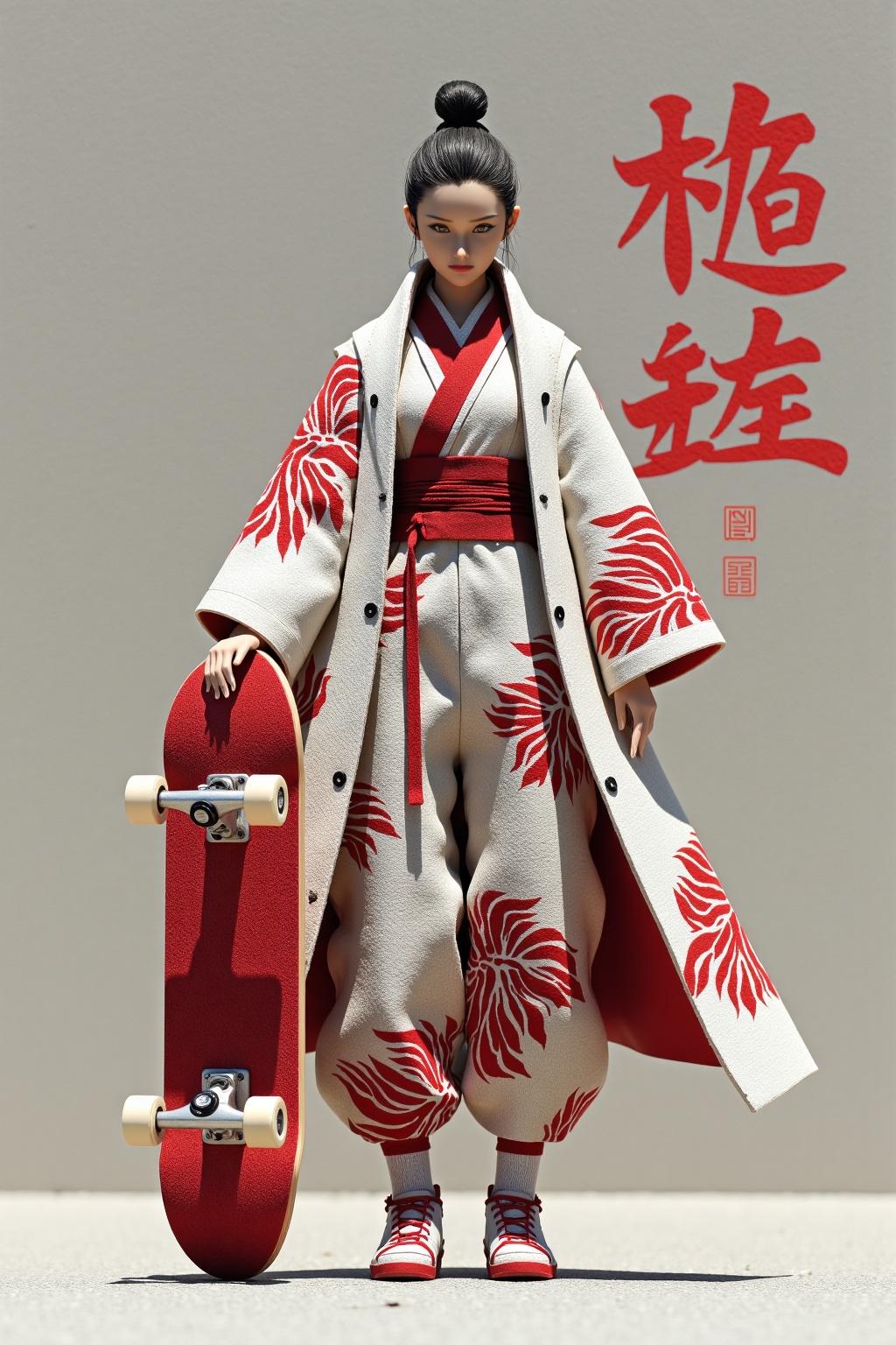 beijihui,a female doll stands in front of a gray wall. She is dressed in a traditional Japanese kimono,adorned with a red and white pattern. Her hair is tied in a bun,adding a touch of warmth to her outfit. She's holding a red skateboard in her right hand,with her left hand resting on the skateboard. Her right hand is draped over her right shoulder. Her left hand is resting on her skateboard,while her right arm is draped in a red pattern. The backdrop is adorned with red text that reads "KANAN" in a foreign language.,