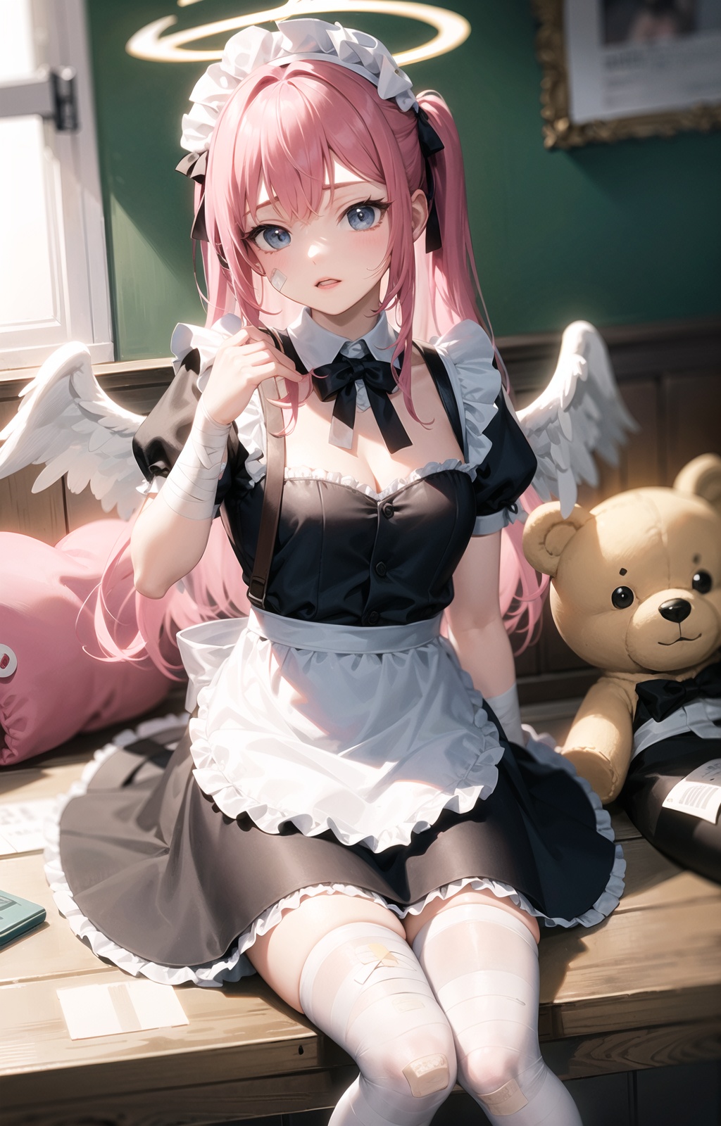bag, bandaid, bandages, apron, stuffed_toy, halo, backpack, stuffed_animal, 1girl, wings, first_aid_kit, bandaid_on_face, bandaid_on_arm, hair_ornament, two_side_up, white_apron, bandaid_on_cheek, bandaid_on_hand, angel_wings, bandaid_on_leg, long_hair, pink_hair, teddy_bear, frilled_apron, solo, maid_apron, stuffed_bunny, maid, bandaged_arm, dress, mini_wings, shoulder_bag