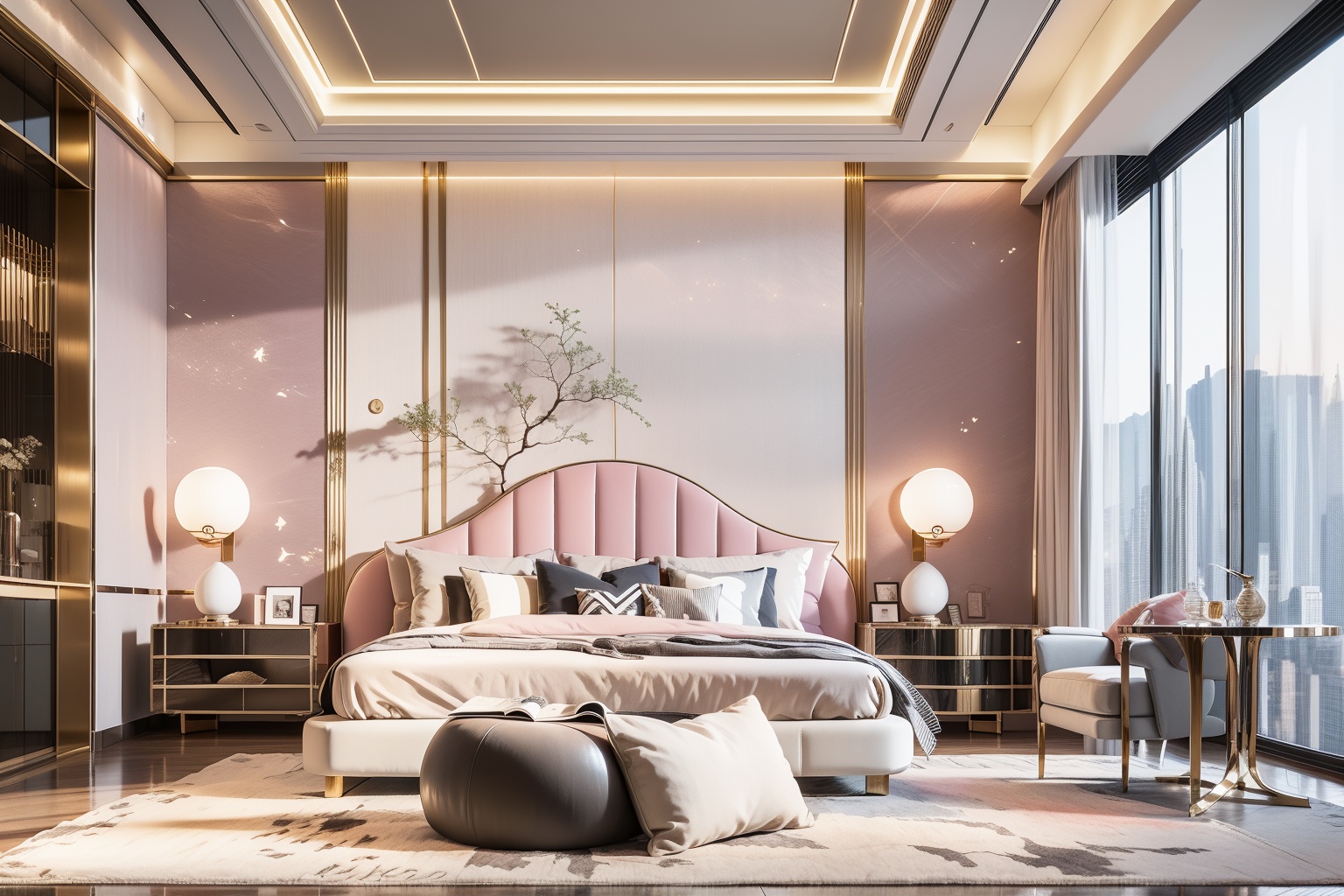 Lao Chen Jingdian, bed, scenery, no humans, window, table, book,interior design, living room, masterpiece,best quality,unreal engine 5 rendering,movie light,movie lens,movie special effects,detailed details,HDR,UHD,8K,Pink Children's Room,lamp,chair,pillow,table,indoors,book,couch,bed,carpet,ceiling light,building,sky,cushion,rug,curtains,masterpiece,best quality,unreal engine 5 rendering,movie light,movie lens,movie special effects,detailed details,HDR,UHD,8K,CG wallpaper 