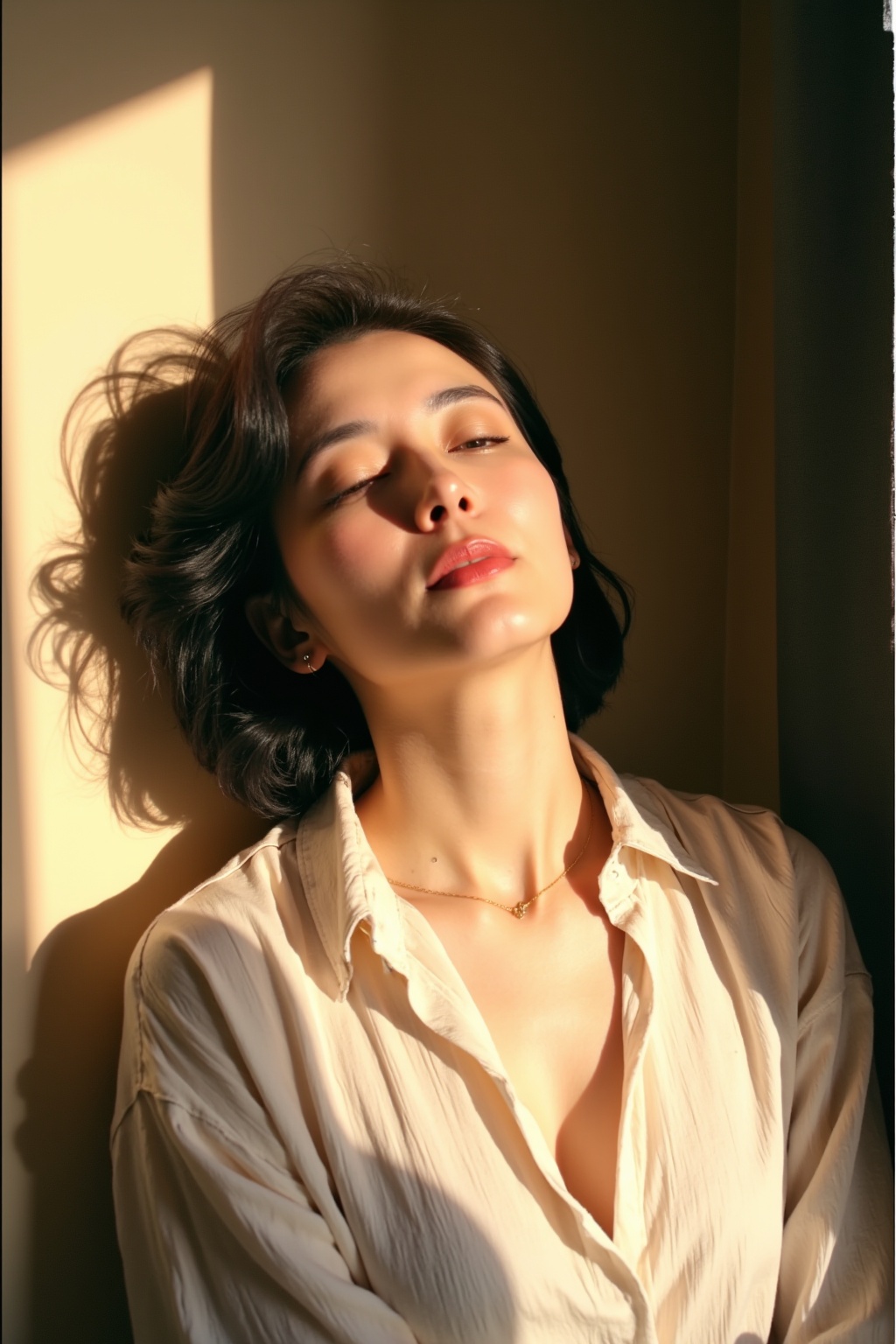 A woman,old polaroid picture,awj,polaroid portrait photography,xuanwo,dtmh,neomj,The image depicts a young woman bathed in warm,natural light that casts a dynamic shadow on the wall beside her. Her expression is serene,with her eyes closed and head tilted slightly upwards,as if soaking in the sun's rays. The woman's hair is tousled and flows around her face and shoulders,suggesting a sense of movement or a gentle breeze in the room. She wears a loose,unbuttoned white shirt that contributes to the relaxed and informal feeling of the portrait. The soft lighting highlights her facial features and creates a contrast with the shadowed portions,which adds depth and a sculptural quality to the image. The overall effect is one of peaceful contemplation or a moment captured in solitude.,