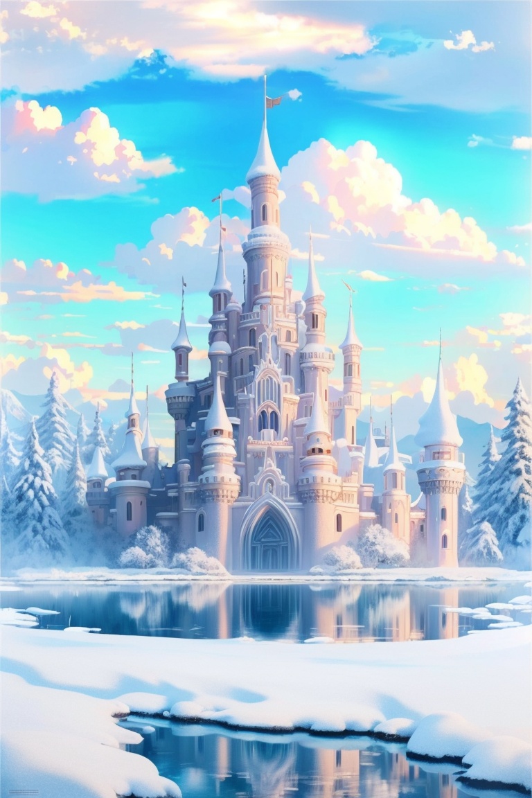 ((HRD, HUD, 8K)),((masterpiece, best quality)), highly detailed, soft light,Castle, no humans, scenery, sky, cloud, day, castle, outdoors, blue sky, mountain, water, snow, reflection, cloudy sky, tower, <lora:20240404-1712222230686:0.9>