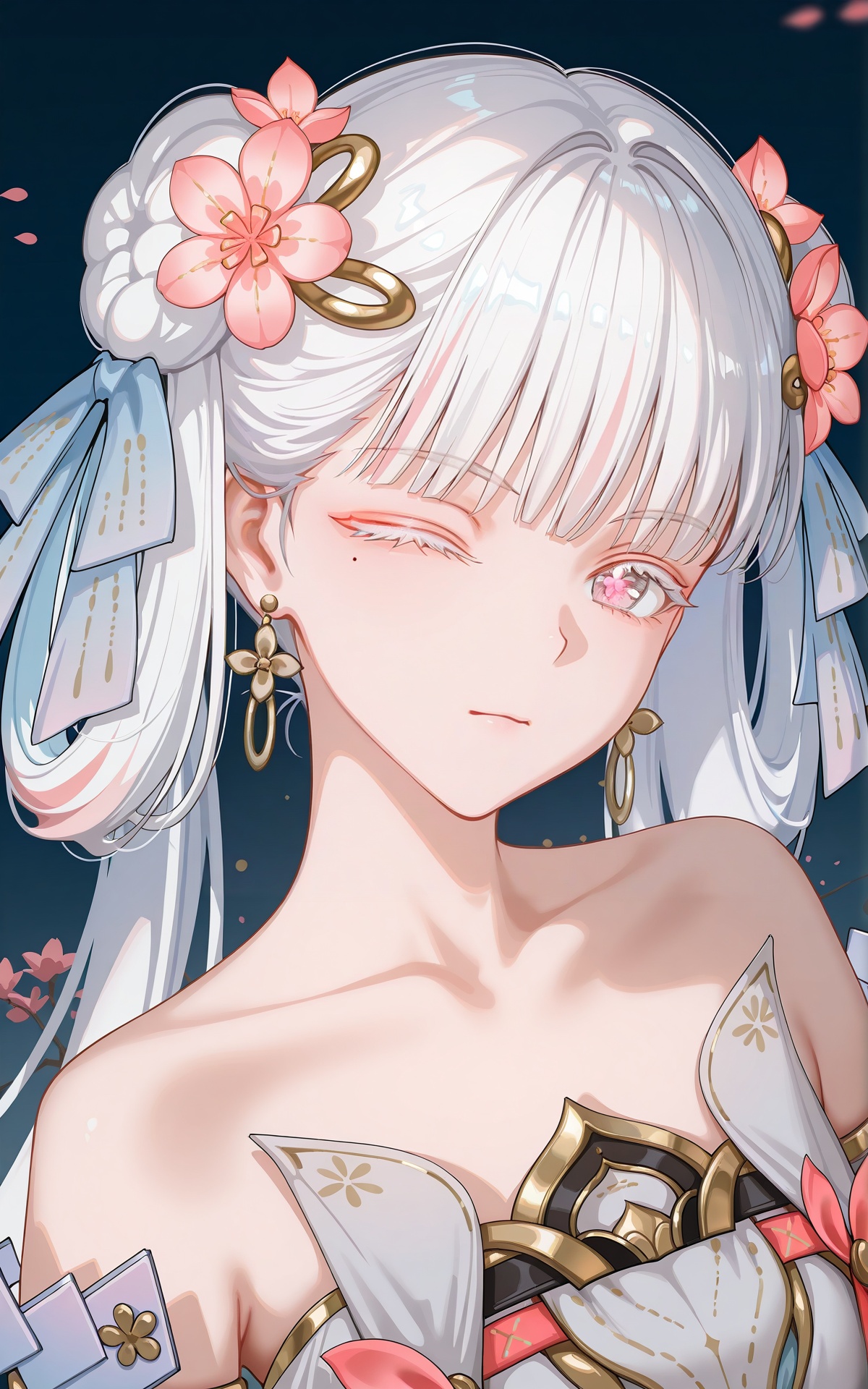 <lora:xl-ill-jinhsi_TYZZ(wuthering waves)v1-000010:1>,8k,best quality,masterpiece,(ultra-detailed),(high detailed skin),((artist:reoen),(artist:fuzichoco),(artist:atdan),(artist:torino_aqua),year 2024:0.8),[artist:wlop],[artist:ningen_mame],artist:ciloranko,[[artist:rhasta]],artist:tidsean,colorful,jinhsi:TaoYaoZhuoZhuo\(wuthering waves\),1girl,solo,one eye closed,peach blossom pupils,double bun,mole under eye,hair bun,mole,jewelry,hair ornament,earrings,portrait,flower,white hair,long hair,ribbon,looking at viewer,hair flower,hair ribbon,closed mouth,glowing,virtual youtuber,collarbonea,