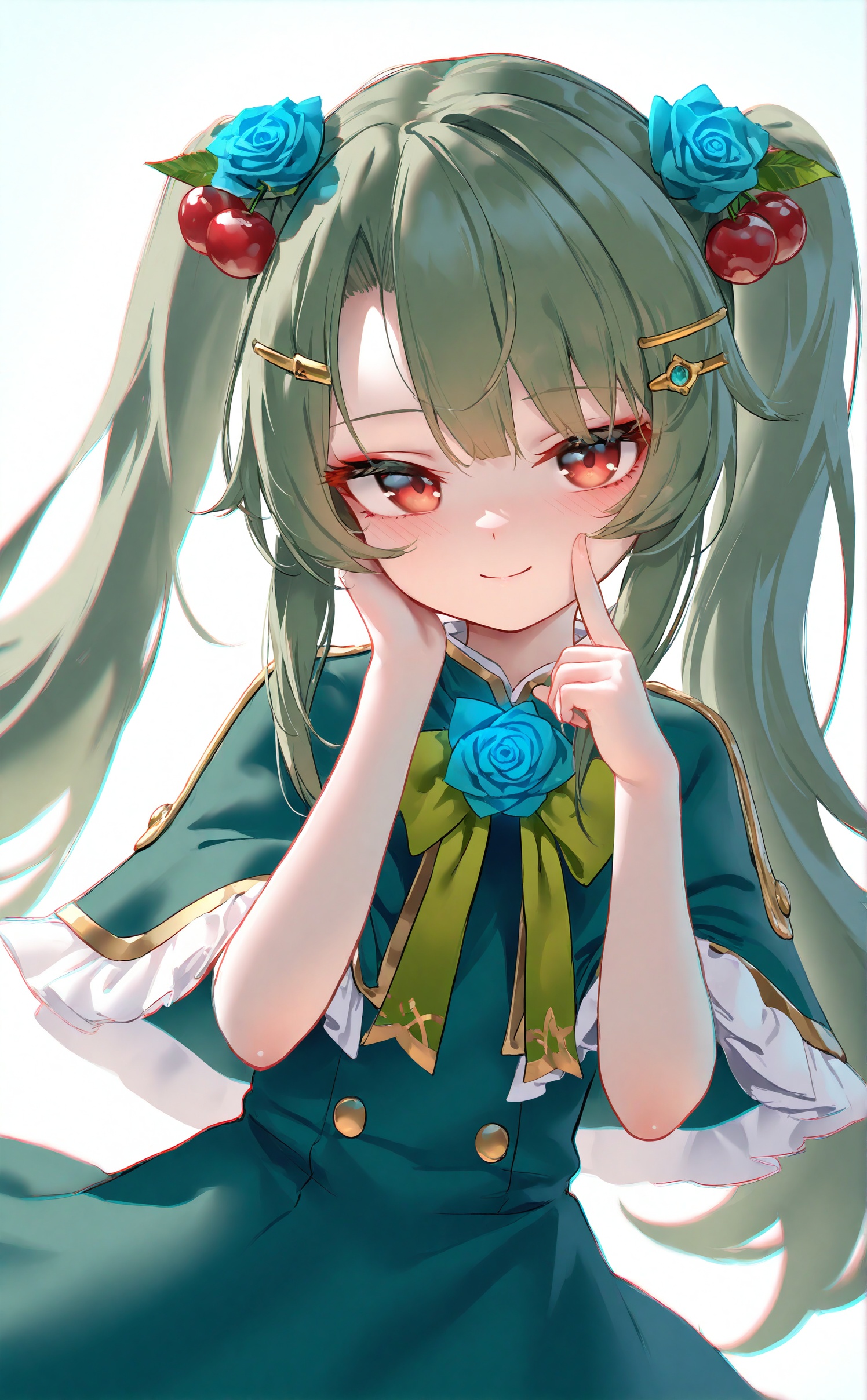 masterpiece,very aware,highres,absurdres,newest,best quality,loli,petite,high quality,chromatic_aberration,cinematic_angle,dutch angle,//,1girl,solo,long hair,looking at viewer,blush,smile,bangs,hair ornament,red eyes,white background,dress,bow,ribbon,animal ears,twintails,closed mouth,hair ribbon,flower,frills,food,green hair,hairclip,hands up,capelet,fruit,rose,index finger raised,hand on own face,green bow,blue flower,green dress,hand on own cheek,food-themed hair ornament,blue rose,cherry,green capelet,cherry hair ornament,<lora:Komachan:0.9>,