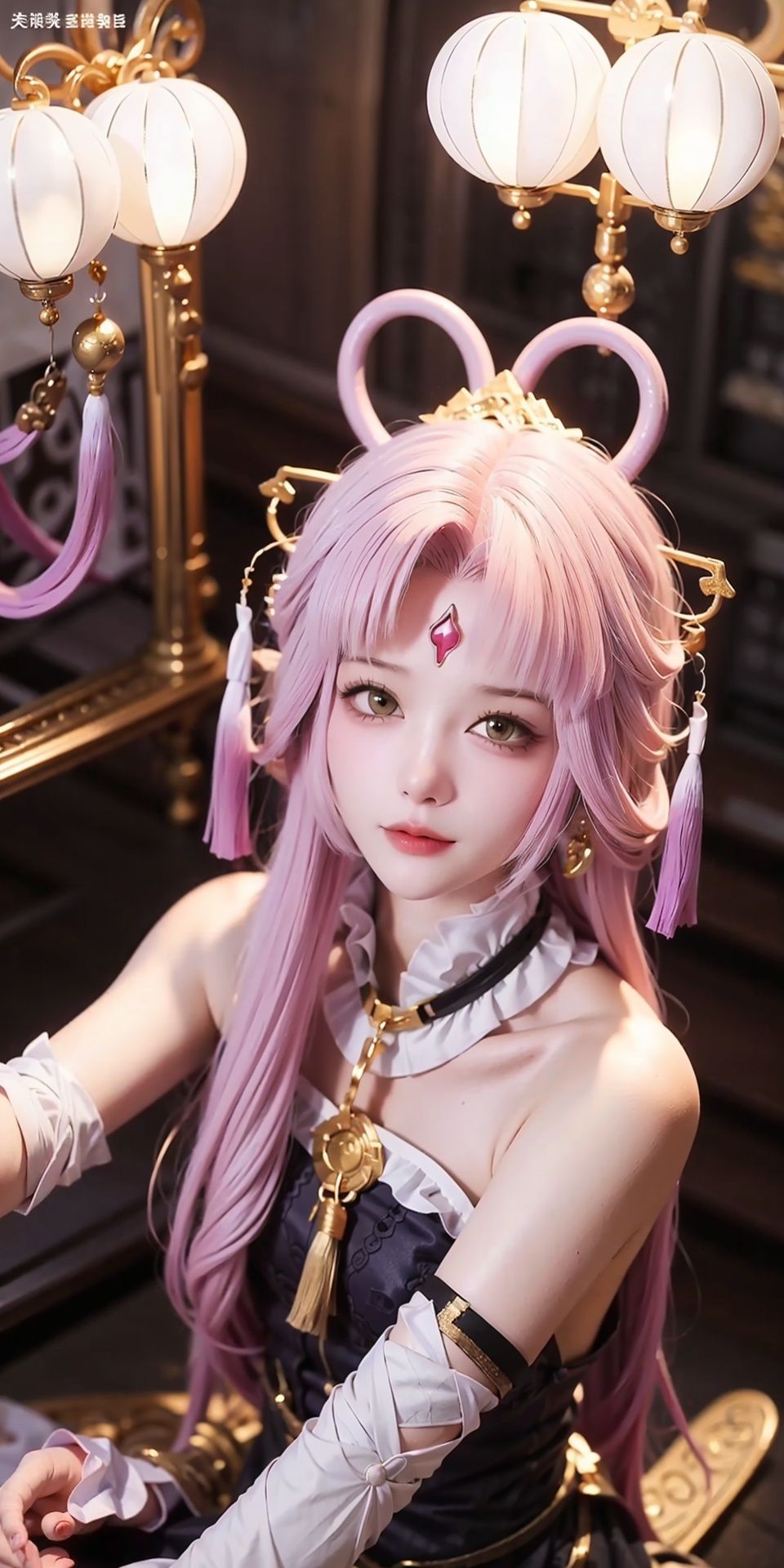 <lora:FUXUAN_20231204101553:0.75>,FUXUAN,1girl,solo,pink hair,long hair,(hair rings:1.2),(hair ornament:1.2),detached sleeves,(forehead mark:1.2),bare shoulders,tassel,bare shoulders,long hair,high_heels,(golden eyes:1.3),ulzzang-6500-v1.1,(looking at viewer:1.4),pantyhose,white pantyhose,black footwear,upper body,, 8K raw photo,Best quality,masterpiece,ultra high res,(photorealistic:1.4),raw photo,1girl,(tall female:1.3),skinny,(upper body:1.2),slim_legs,solo,(perfect body shape:1.1),The face is symmetrical and looking directly at the camera,powerful expression,energetic asymmetrical layout,(interplay of sunlight and shadows:1.3),