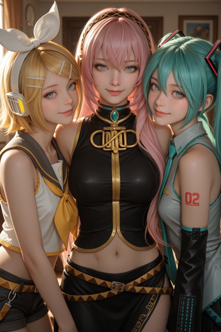3girls, hatsune miku, kagamine rin, megurine luka, smile,, masterpiece, best quality, amazing quality, very aesthetic, absurdres, dynamic lighting