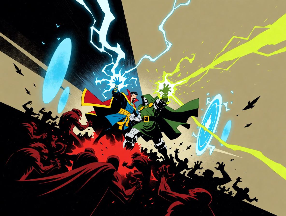 Subject and actionTwo powerful sorcerers,  Dr. Strange and Dr. DOOM,  stand locked in an epic fantasy battle at the center...