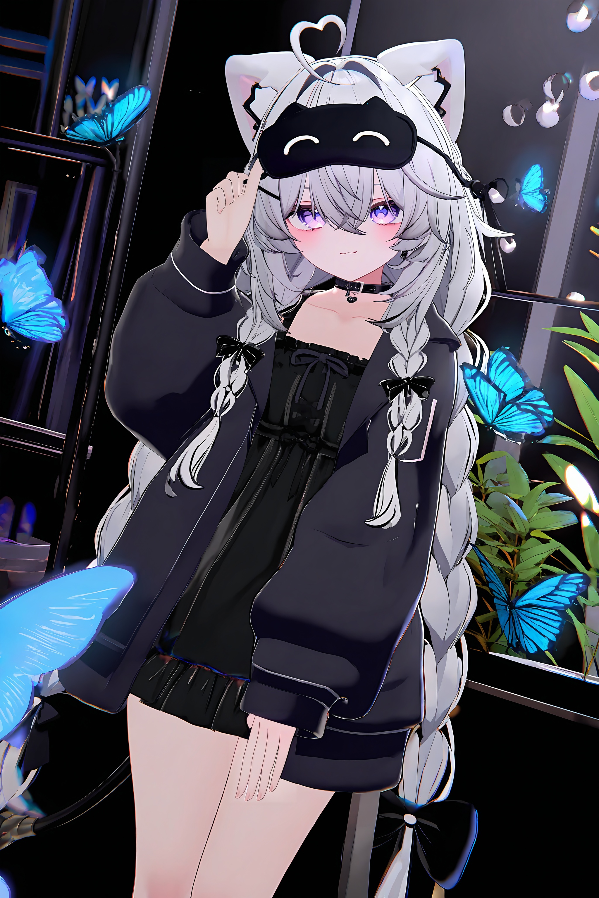 vrc_vibe,<lora:vrc_style_v2>,masterpiece,best quality,highly detailed,masterpiece,best quality,highly detailed,1girl,animal ears,sleep mask,braid,long hair,cat ears,butterfly,bug,tail,ahoge,cat tail,heart ahoge,black choker,twin braids,solo,dress,heart,choker,cat girl,feet out of frame,jacket,white hair,plant,black dress,looking at viewer,smile,grey hair,virtual youtuber,open clothes,black jacket,long sleeves,blue butterfly,black bow,bow,hair between eyes,sleeves past wrists,fake animal ears,hair bow,antenna hair,very long hair,:3,mask on head,closed mouth,mechanical tail,open jacket,short dress,indoors,mask,purple eyes,blue eyes,ribbon,black mask,black collar,standing,eye mask,hand on own leg,