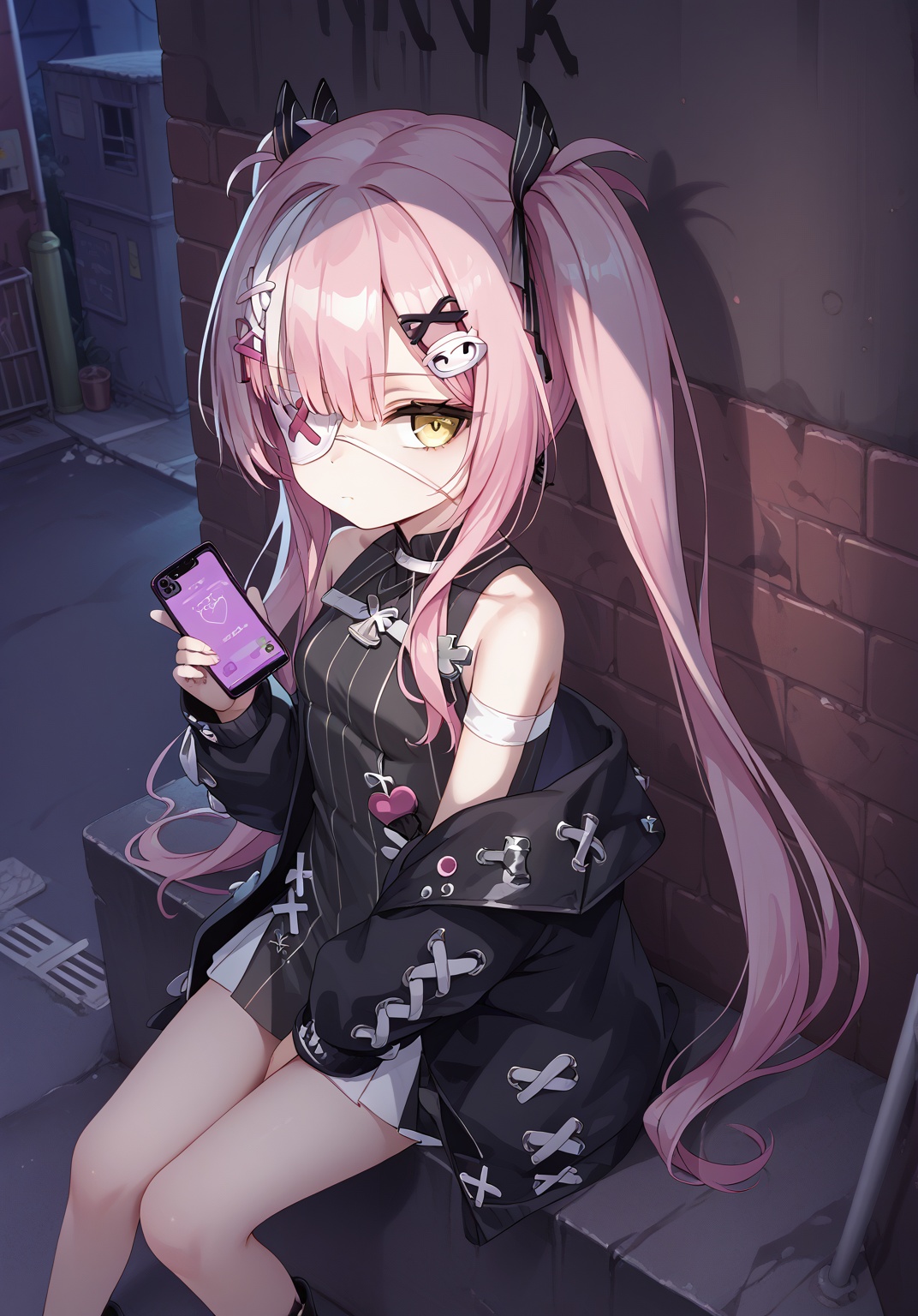<lora:z47_pony_v1.0:0.7>,z47_\(azur_lane\),twintails, hair_ornament,x hair ornament,yellow eyes,pink_hair, eyepatch,black_jacket, sleeveless,open_jacket, sleeveless_dress,solo, night, looking at viewer, alley,expressionless, sitting , from side, holding cellphone,from above,, score_9, score_8_up, score_7_up, source_anime,
