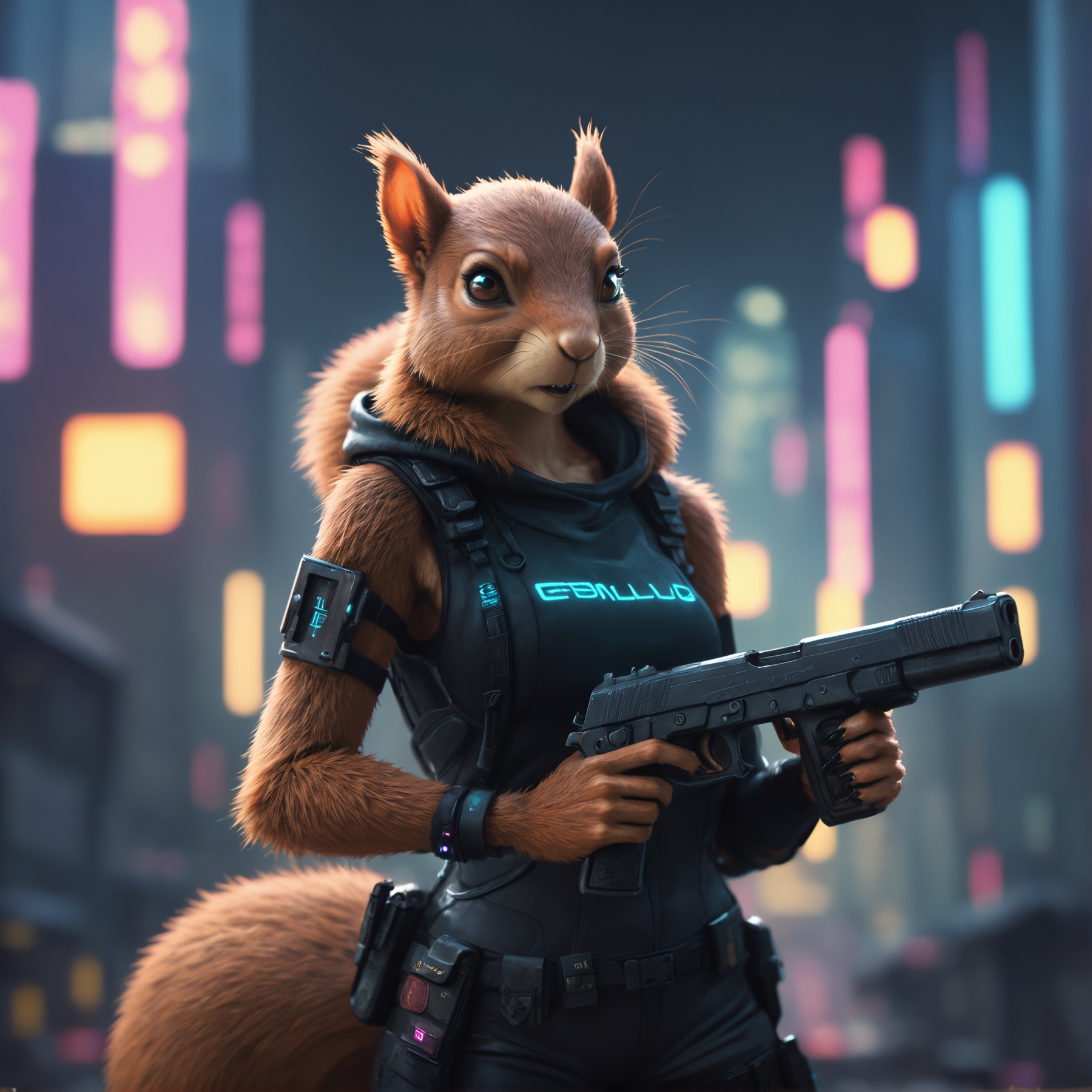 anime artwork,  cyberpunk anthro squirrel female a destroyed city holding a gun ,  shallow depth of field on Tensor.Art