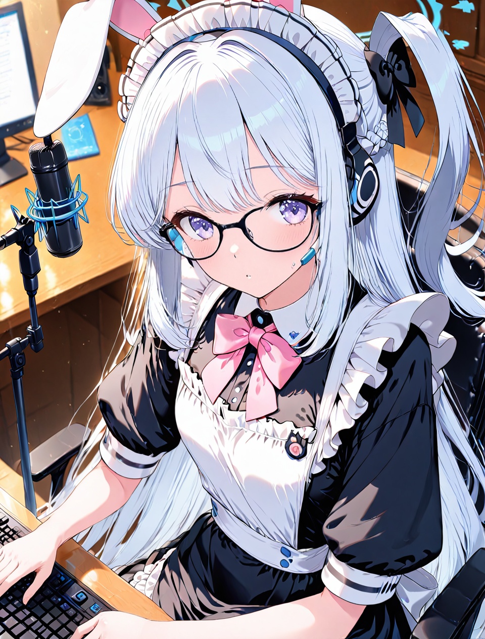 Miyako (blue archive),O,Miyako (blue archive),1girl,halo,glasses,animal ears,headphones,solo,jacket,chair,sitting,keyboard (computer),microphone,apron,white hair,looking at viewer,fake animal ears,maid headdress,long hair,rabbit ears,purple eyes,maid,(UHD),anatomically correct,accurate,textured skin,super detail,high details,award winning,best quality,high quality,retina,HD,16k,1080P,
