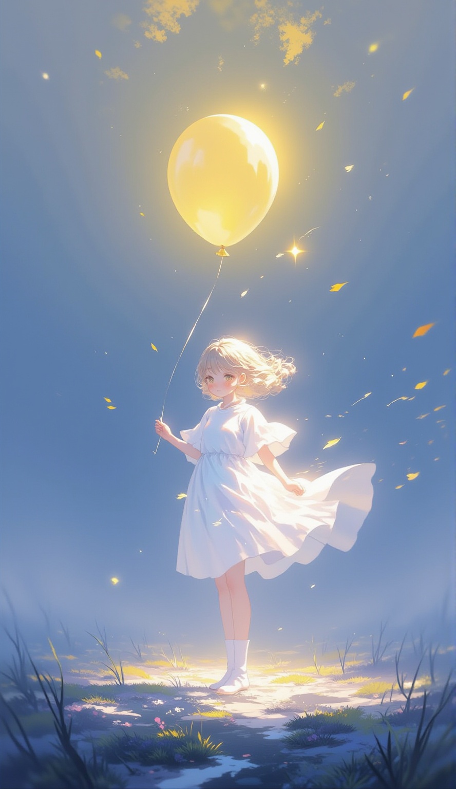 Emotion,Beautiful digital art illustration,Emotion,fog,dreamy surrealism, illuminated ,ethereal light and stars,an ethereal yellow balloon that floats above her,