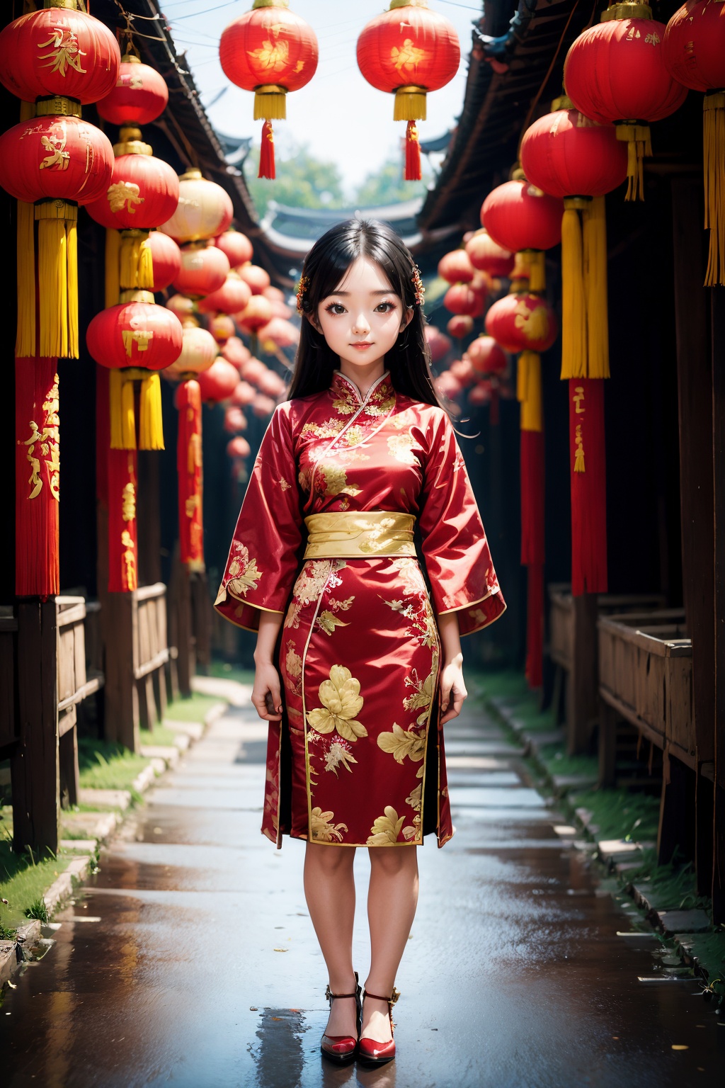 <lora:ChineseNewYear:0.8>, chinese new year, girl, (smirk:-0.4), long hair, arms at sides, red chinese clothes, paper lantern, full body, leather shoes,
