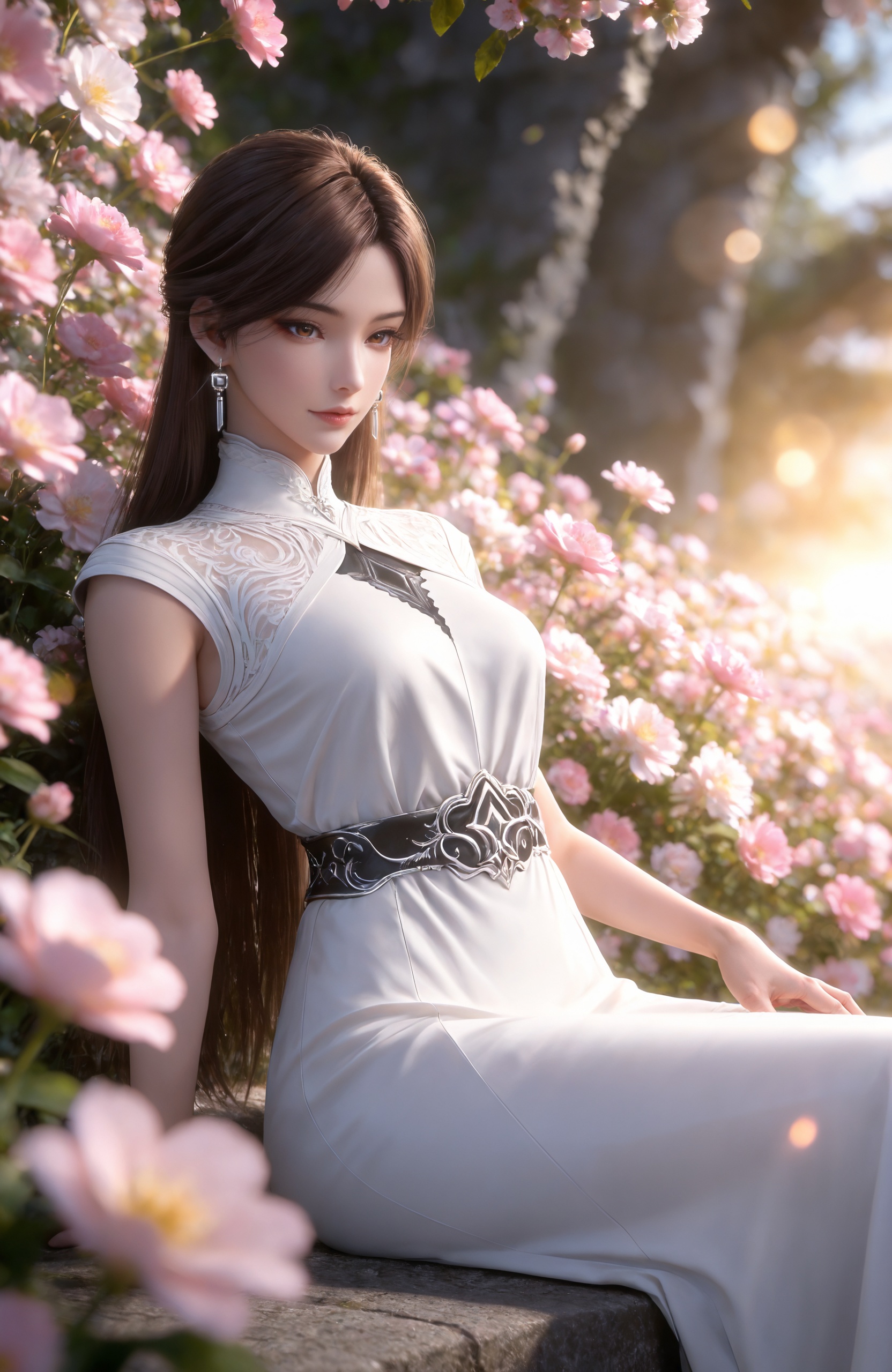 <lora:深空彼岸-赵清菡IL:0.7> 1girl, brown hair, long hair, brown eyes,earrings, jewelry, white dress,long dress,sleeveless, belt, lips,white footwear, high heels,, realistic style photo,outstanding style,Use soft lighting to cast gentle shadows on the subject,adding a touch of dimension to your images without compromising details,whirls of vapor,(Anime:1.1),soft neon light,ethereal ambiance,delicate details,magical atmosphere,concept art,highly detailed,ultra-high resolution,32K UHD,sharp focus,best-quality,masterpiece,golden hour,unconventional supreme masterpiece,masterful details,temperate atmosphere,with a high-end texture,in the style of fashion photography,magazine style,Dynamic Angle,Dynamic posture,magazine style,Dynamic Angle,Dynamic posture,(cowboy_shot:1.2),eye trail,depth of field,cinematic lighting,lens flare,close-up,extreme aesthetic,(wlop:0.6),(honjou raita,lack,rella,wanke:0.5),masterpiece,best quality,good quality,newest,year 2025,very aesthetic,absurdres,Visual impact,A shot with tension,ultra-high resolution,32K UHD,sharp focus,best-quality,masterpiece,Emotionalization,unconventional supreme masterpiece,masterful details,temperate atmosphere,with a high-end texture,in the style of fashion photography,(Visual impact:1.2),giving the poster a dynamic and visually striking appearance,, stairs,pink flower,blurry,sitting,full body,