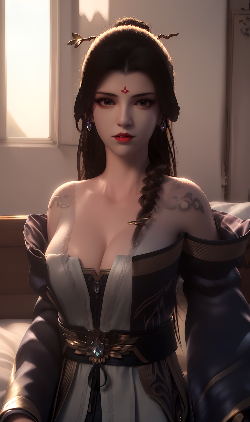 3D,masterpiece,(best quality),(makeup),official art, extremely detailed cg 8k wallpaper,((crystalstexture skin)), (extremely delicate and beautiful),(highly detailed),(face),(collar),(cleavage),(long_sleeves),(pigtail),(hairpin),(facial_mark),(tattoo),(1girl), (solo), (jewelry), (earrings),(black_hair),(long_hair),(hair_ornament),(handwear),(breasts),(standing),((upper_body)),(bare_shoulders),(closed_mouth),(off-shoulder_dress),(black_shorts_skirt),(multicolored_clothes),(multicolored_dress),(shiny_clothes),(city,outdoor,(bed)),(robe),,((looking_at_viewer)),((Facing the camera)),, <lora:hipoly3DModelLora_v10:0.3>