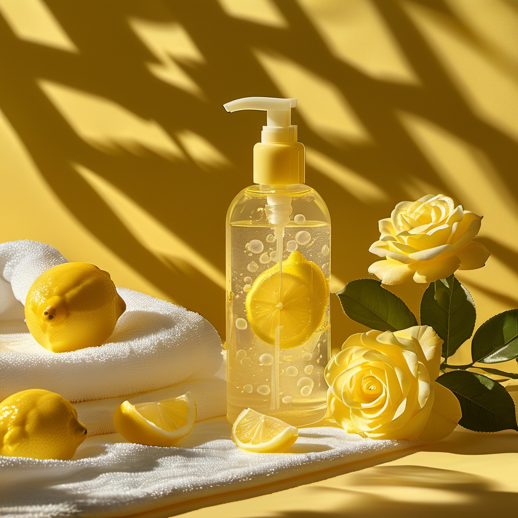 A bottle of skincare with lemon elements, set against a warm yellow background. The bottle is clear and contains lemon slices and bubbles, and the top is designed with a transparent press pump, which gives off a fresh and pleasant feeling. The bottle sits on a white towel with several whole yellow lemons next to it, further reinforcing the lemon theme.A few yellow roses were placed in front of the towel, with delicate petals and bright colors that harmonized with the yellow background. The shadows of plants can be seen faintly in the background, and the light comes in from the left side to create a soft shadow effect, adding a sense of layer and texture to the picture, making the overall visual effect more attractive and aesthetic