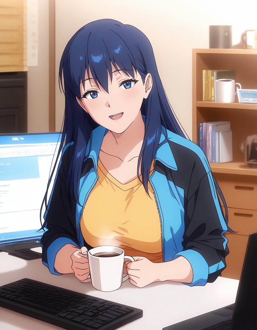masterpiece,best quality,amazing quality,very aesthetic,high resolution,ultra detailed,perfect details,<lora:mai_nntr:1.2>,mai_makotontr,1girl,solo,long_hair,open_mouth,blue_hair,looking_at_viewer,blue_eyes,shirt,holding,indoors,cup,smile,upper_body,jacket,collarbone,yellow_shirt,:d,open_clothes,open_jacket,desk,computer,shelf,laptop,book,holding_cup,mug,disposable_cup,coffee,coffee_mug,keyboard_(computer),coffee_cup,