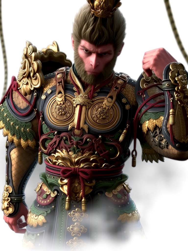 wukong,  This image is a highly detailed digital illustration featuring a fierce,  mythical character with an anthropomorp...