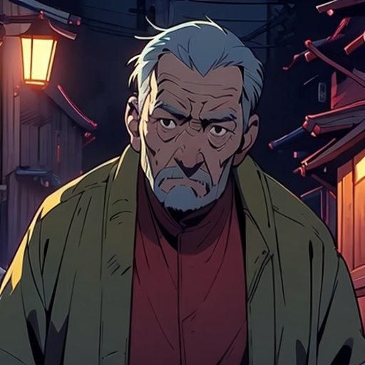 (masterpiece:1.2),best quality,highres,extremely detailed CG,8k wallpaper,anime,comic,game CG,an old man,dark light,<lora:FF_20231226235114:1>,