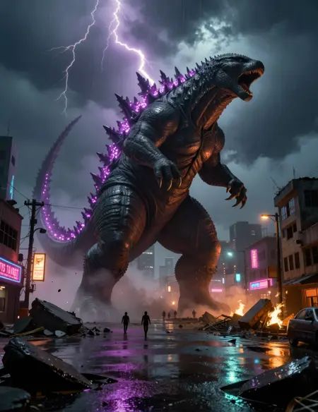 A colossal kaiju dominates the night, a godzilla-like titan erupting from the heart of a ruined city as it rears back and roars into the storm-choked sky, its massive tail sweeping through smoke and flame while jagged dorsal fins blaze with an otherworldly glow that pulses through ash and rain; lightning forks behind its silhouette, freezing the moment in stark relief as collapsing buildings crumble beneath its weight, concrete shearing away in thunderous cascades that send dust and debris billowing across shattered streets; neon signage flickers defiantly through the chaos, casting sickly magentas and cyan halos across wet asphalt and twisted steel, their reflections smeared by rain and motion; destroyed power lines whip and spark like severed veins, arcing electricity through the haze as fire blooms in pockets where the city finally gives in; far in the distance, panicked civilians scatter as tiny, fragile figures, their movement reduced to trembling points of life against impossible scale, swallowed by fog and falling rubble; dramatic lighting carves the creature’s armored hide into planes of shadow and molten highlight, emphasizing muscle, scale, and ancient menace, while the stormy sky churns overhead with rolling clouds and sheets of rain; embers drift through the air like dying stars, settling briefly before being torn away by wind; the composition feels vast and merciless, a cinematic meditation on power and collapse, where humanity’s lights gutter beneath an indifferent force of nature, and the post-apocalyptic mood lingers heavy and electric, suspended between awe, terror, and the haunting beauty of destruction illuminated against the night.