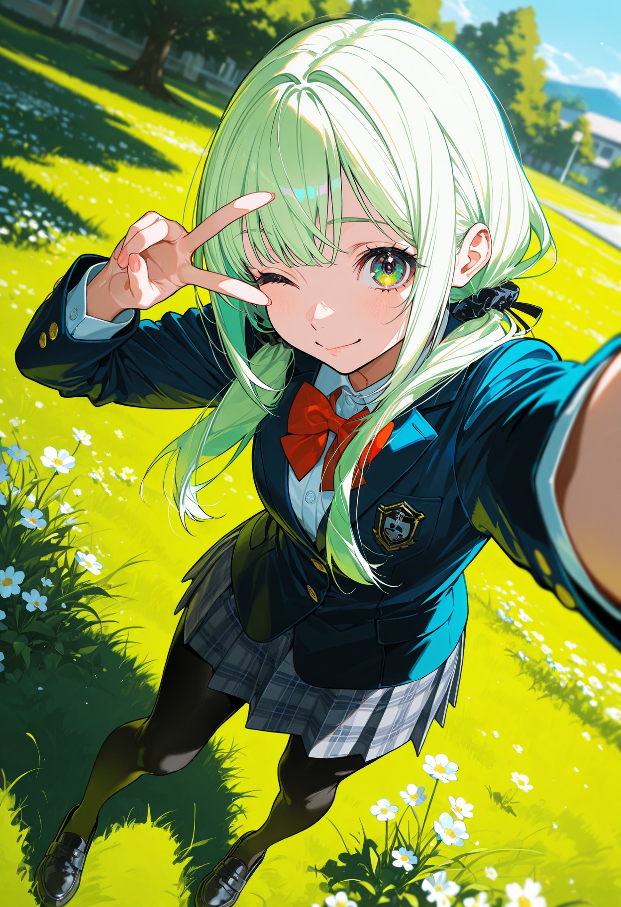 1girl,school_uniform,black_pantyhose,light_green_hair,long_hair,low_twintails,from_above,v,wink,flower,Grass,puddles,(mika pikazo),(yoneyama mai),(kkia),(le (huanglongen)),(z3zz4),masterpiece,best quality,amazing quality,depth of field,lazypos,lazyup,high detail,subtle,high contrast,colorful depth,chiaroscuro,impasto,(shallow depth of field:1.4),(foreshortening:1.4),dutch angle,dynamic pose,dynamic angle,