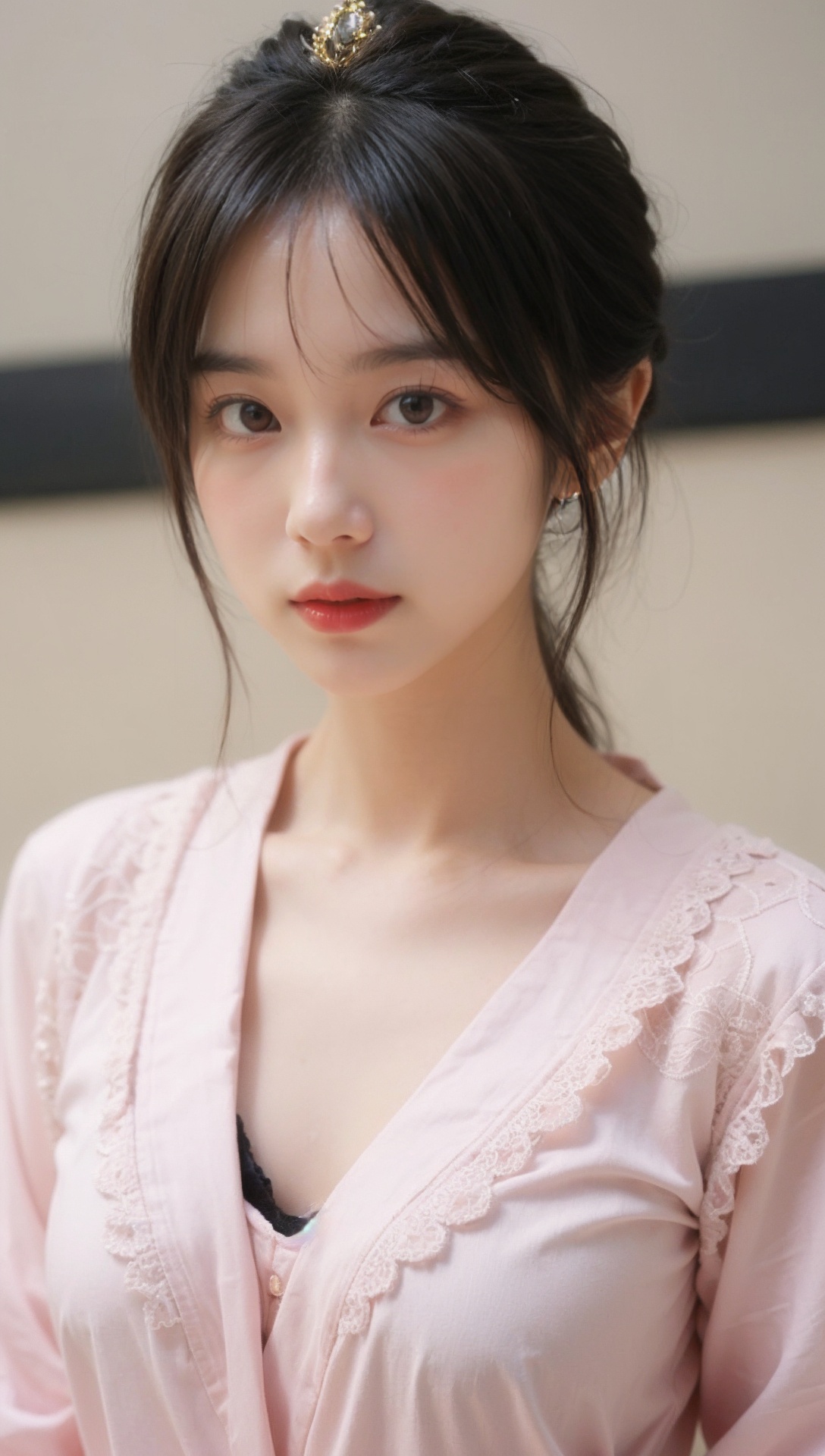 (upper body close-up photo: 1.2),(Just one person), (One person),(ultra wide angle shooting),best quality, (realistic photograph), mysterious, looking at viewer,red and gold dress,Daofa Rune,tiara,Pink nipples,(bathrobe),nylon lace,real silk,final,