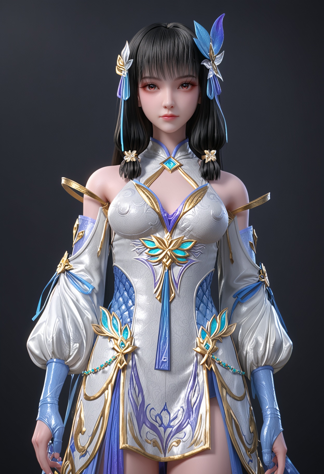 (cowboy shot:1.2),(looking at viewer:1.1),facing viewer,direct gaze,<lora:YQ_pony_yunluo_shangjiefuzhuang_V4:0.8>,1girl,solo,long hair,black hair,hair ornament,dress,detached sleeves,brown eyes,white dress,chinese clothes,blunt bangs,hair flower,sidelocks,hair ribbon,red eyes,butterfly hair ornament,black eyes,brown hair,jewelry,china dress,gloves,shoes,BREAK (white skin:1.1),(fair skin:1.1),(Ivory skin:1.1),(shiny skin),perfect anatomy,(simple background,pure black background,black background:1.1),