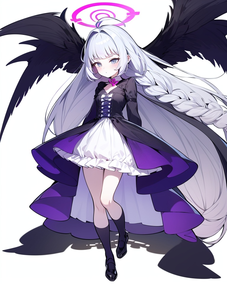 1girl, noa \(blue archive\), solo, mechanical halo, halo, purple eyes, braid, socks, long hair, white socks, looking at viewer, black footwear, ribbon, dress, white background, long sleeves, blush, alternate costume, kneehighs, heart, very long hair, grey hair, white dress, twin braids, blunt bangs, full body, pink ribbon, shoes