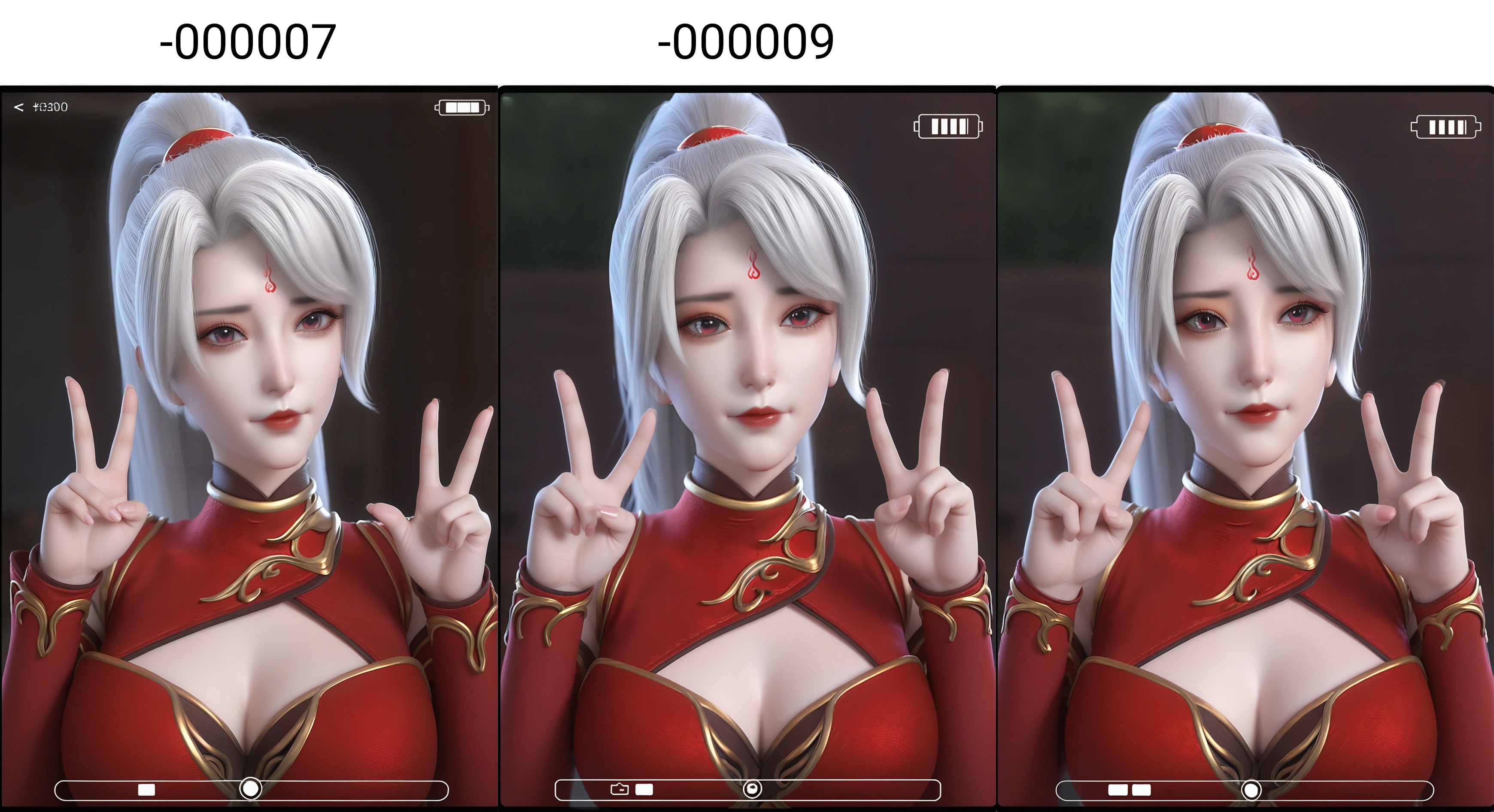 (score_9),light blush,body blush,<lora:焰羽女神-Apony-000007:0.85>,yanyu,solo,1girl,white hair,long hair,ponytail,hair rings,forehead mark,red dress,high collar,detached sleeves,double v,<lora:perfect-eyes:0.8>,looking at viewer,front view,female,mature,(mature_female:1.1),glamor,border,viewfinder,flashback,OverallDetail,fair_skin,(white_skin),(Ivory_skin),<lora:e色温:0.5>,<lora:e肤色滑块:0.5>,<lora:detailed_notrigger:1>,