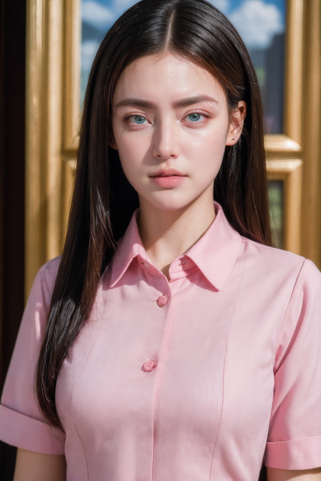 (best quality:1.4),(masterpiece:1.4),(photorealistic:1.4),(Realistic:1.2),(ultra high res, raw photo:1.4),(hdr, hyperdetailed:1.2),(8K:1.2),cinematic photo 1girl,(black long straight hair:1.2),close up,(pink collared shirt:1.4),(pleated dress:1.2),<lora:Again_Girl_A18_a:0.7>
