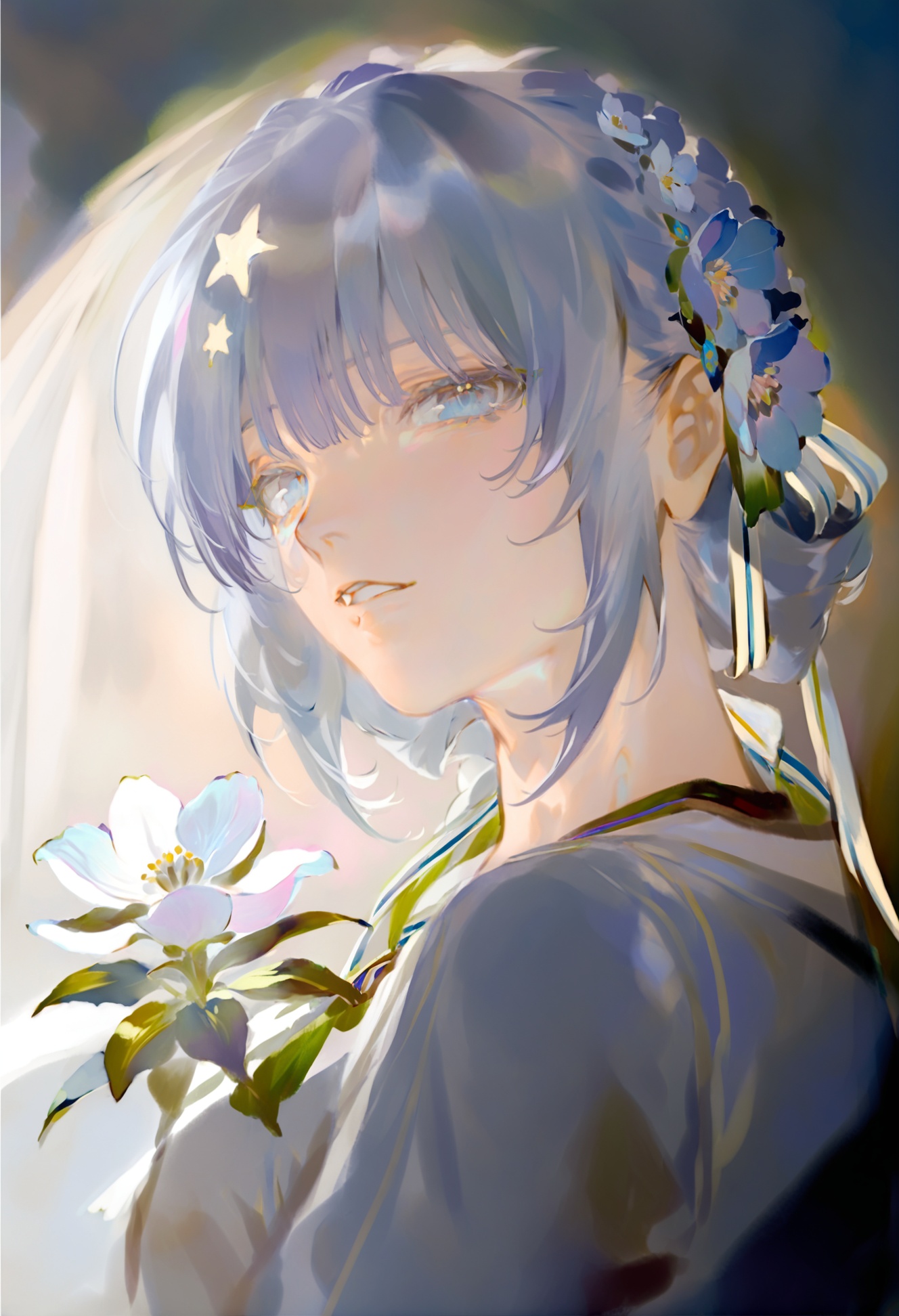 masterpiece, best quality, 1girl, solo, flower, ribbon, grey hair, star \(symbol\), blue eyes, bangs, looking at viewer, white flower, parted lips, upper body, portrait, shirt, hair ornament, white shirt  <lora:REIKOXLlokr8f:1>