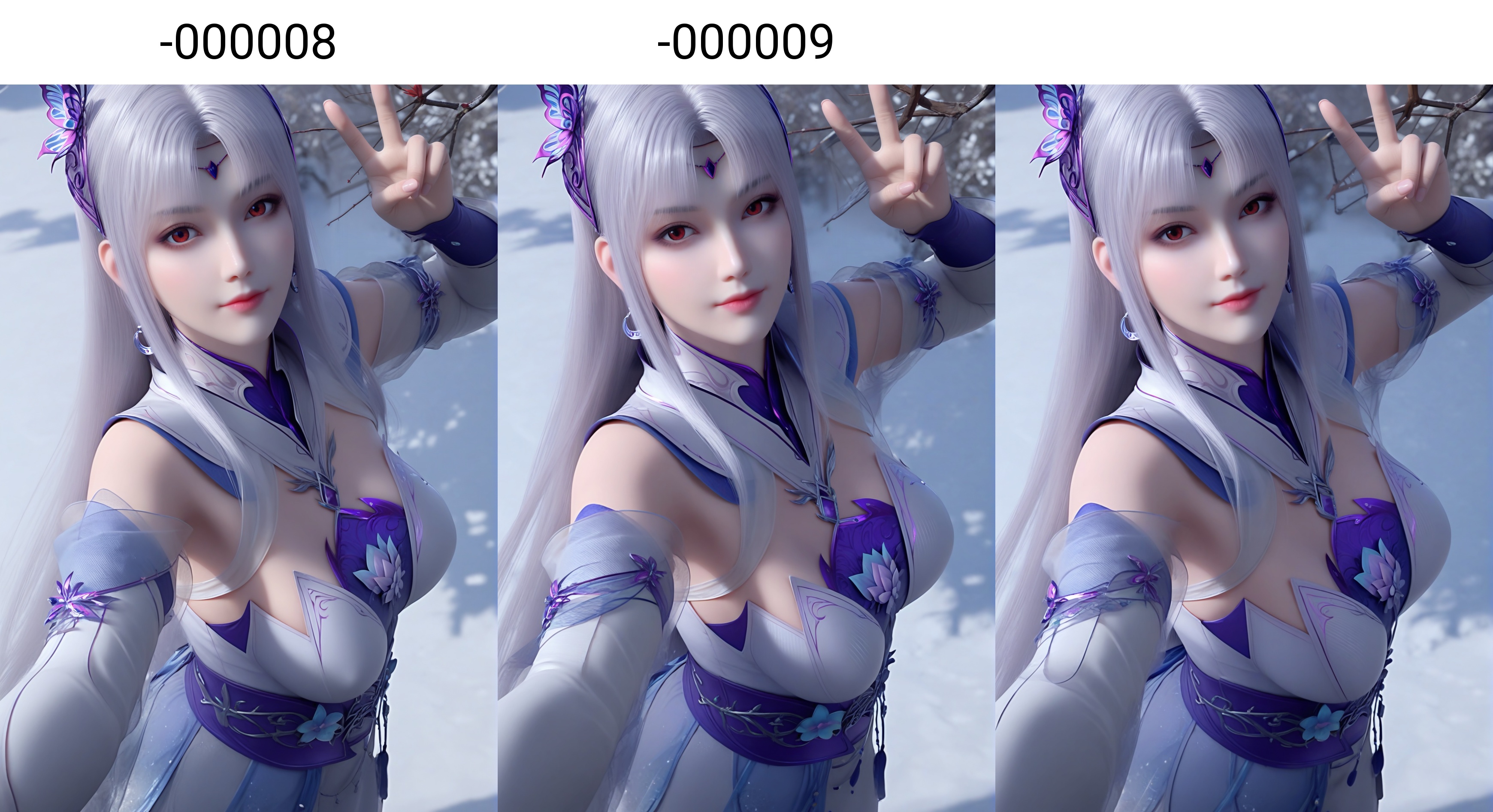(score_9),<lora:小医仙白-apony-000008:0.83>,xiaoyixian,solo,1girl,hair ornament,long hair,silver hair,headpiece,butterfly hair ornament,crescent earrings,detached collar,chest jewel,dress,detached sleeves,jewelry,<lora:Expressive_H-000001:0.8>,light blush,looking at viewer,front view,red eyes,dutch angle,dynamic_angle,from above,selfie,v sign,closed mouth,(mature_female:1.2),collarbone,pointy breasts,puffy breasts,(large teardrop breasts),<lora:e肤色滑块:0.5>,fair_skin,(pale_skin),(white_skin),<lora:e色温:0.35>,light skin,ultra-detailed skin texture,detailed textures,<lora:皮肤凹痕:1.2>,BREAKsimple background,in snow,Tyndall effect,available light,depth of field,tree,snowflakes,branch,twig,4K ultra HD,sharp focus,high detail,natural lighting,high contrast,