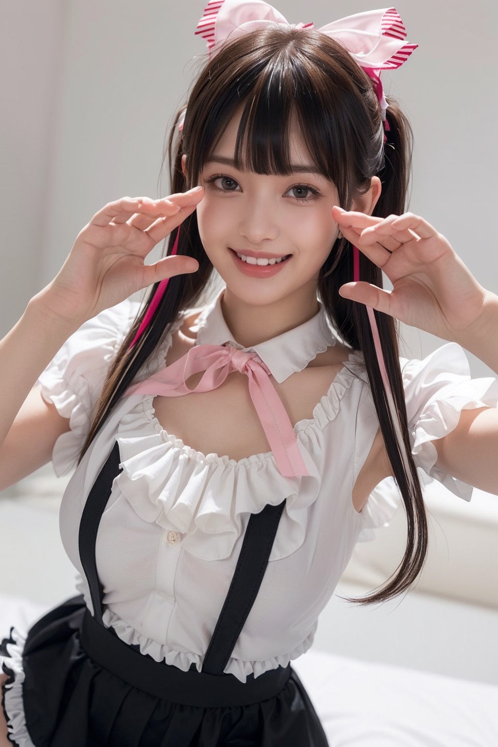 1girl,masterpiece,best quality,ultra-detailed,beautiful detailed,(((extremely detailed face))),(((blunt bangs))),(((streaked hair))),(((big frills and ribbon))),grin,(pink blouse),black skirt,suspender dress,frills,lace,jirai fashion,(twin tail),paw_pose,