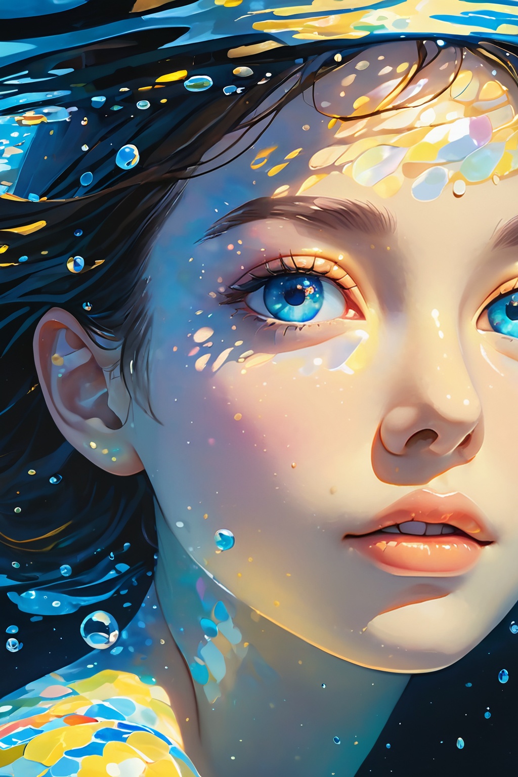 girl swims underwater,hyper detailed render style,glow,yellow,blue,brush,surreal oil painting,shiny eyes,head closeup,exaggerated perspective,tyndall effect,water drops,mother of pearl iridescence,holographic white,black background, <lora:20240510-1715326285381:0.7>