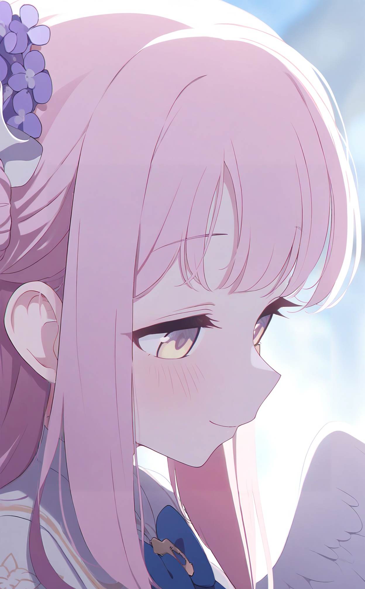 masterpiece,highres,absurdres,newest,best quality,high quality,loli,petite,chromatic_aberration,//,1girl,mika (blue archive),solo,pink hair,single side bun,hair bun,long hair,yellow eyes,smile,hair ornament,wings,hair flower,flower,white capelet,white wings,portrait,closed mouth,capelet,purple flower,white dress,dress,half-closed eyes,angel wings,blush,blurry,looking down,feathered wings,//,<lora:ba33——【noob】hans:1>,