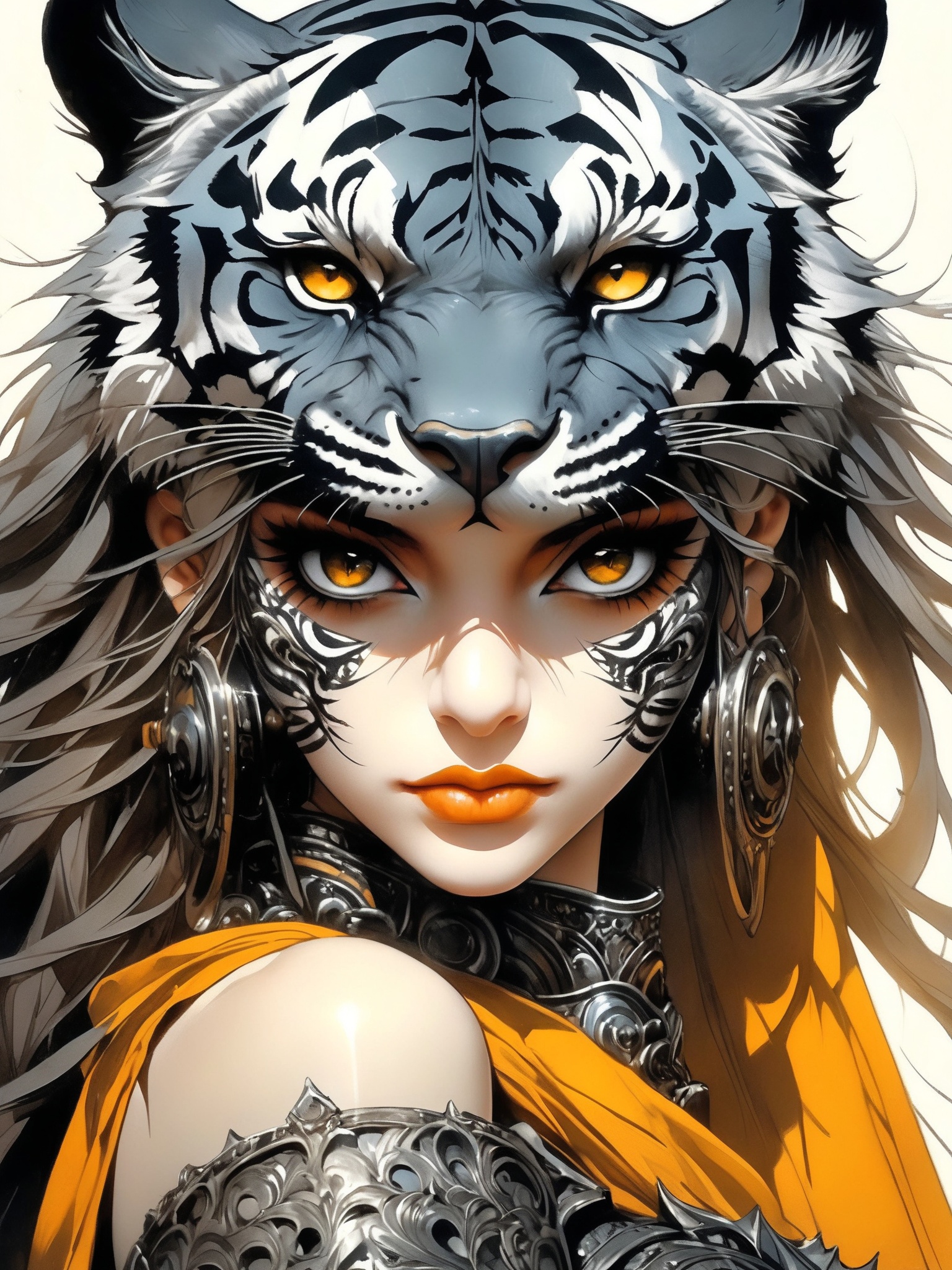 Comic's Luis Royo style,  human wearing a mask made of steel,  face figure a tiger on Tensor.Art