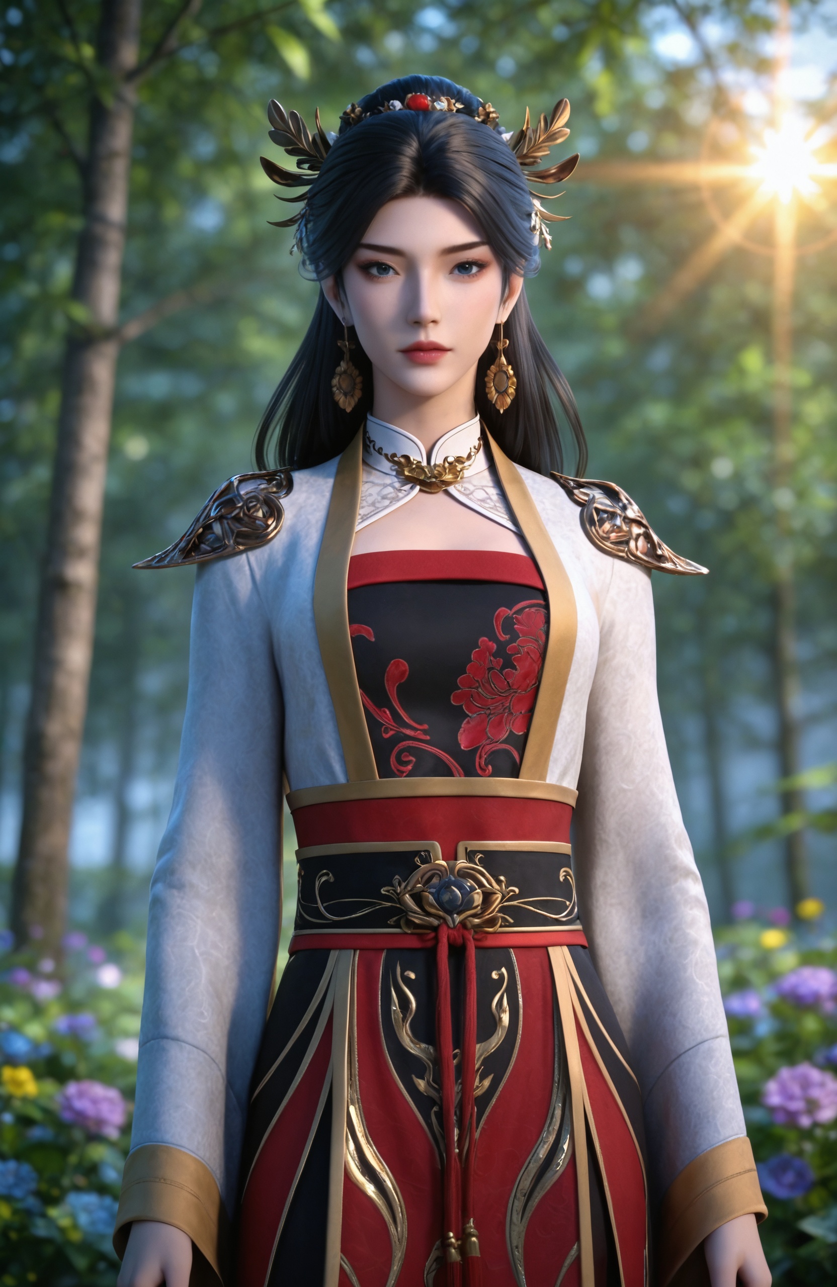 <lora:玄界之门-金珍Pony:0.7> 1girl, long hair, hair ornament, black hair, jewelry, earrings, blue eyes, chinese clothes, long sleeves, hair bun, red dress, wide sleeves, red footwear, realistic style photo,outstanding style,Use soft lighting to cast gentle shadows on the subject,adding a touch of dimension to your images without compromising details,whirls of vapor,(Anime:1.1),soft neon light,ethereal ambiance,delicate details,magical atmosphere,concept art,highly detailed,ultra-high resolution,32K UHD,sharp focus,best-quality,masterpiece,golden hour,unconventional supreme masterpiece,masterful details,temperate atmosphere,with a high-end texture,in the style of fashion photography,magazine style,Dynamic Angle,Dynamic posture,magazine style,Dynamic Angle,Dynamic posture,(cowboy_shot:1.2),eye trail,depth of field,cinematic lighting,lens flare,extreme aesthetic,(wlop:0.6),(honjou raita,lack,rella,wanke:0.5),masterpiece,best quality,good quality,newest,year 2025,very aesthetic,absurdres,Visual impact,A shot with tension,ultra-high resolution,32K UHD,sharp focus,best-quality,masterpiece,Emotionalization,unconventional supreme masterpiece,masterful details,temperate atmosphere,with a high-end texture,in the style of fashion photography,(Visual impact:1.2),giving the poster a dynamic and visually striking appearance,, realistic style,white background,upper body,looking at viewer,dynamic posture,