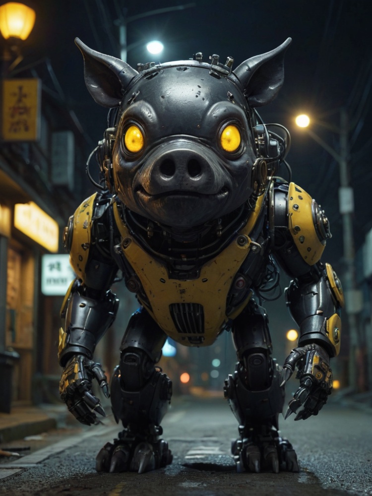 score_9, score_8_up, score_7_up, score_6_up, score_5_up, score_4_up score_9,score_8_up,black pig robot, at night, frontal view, yellow glow in the dark color scheme,documentary style realism, responsibility, high saturation, dark atmosphere,scary atmosphere,  Junji lTO, Chinese Punk, 
