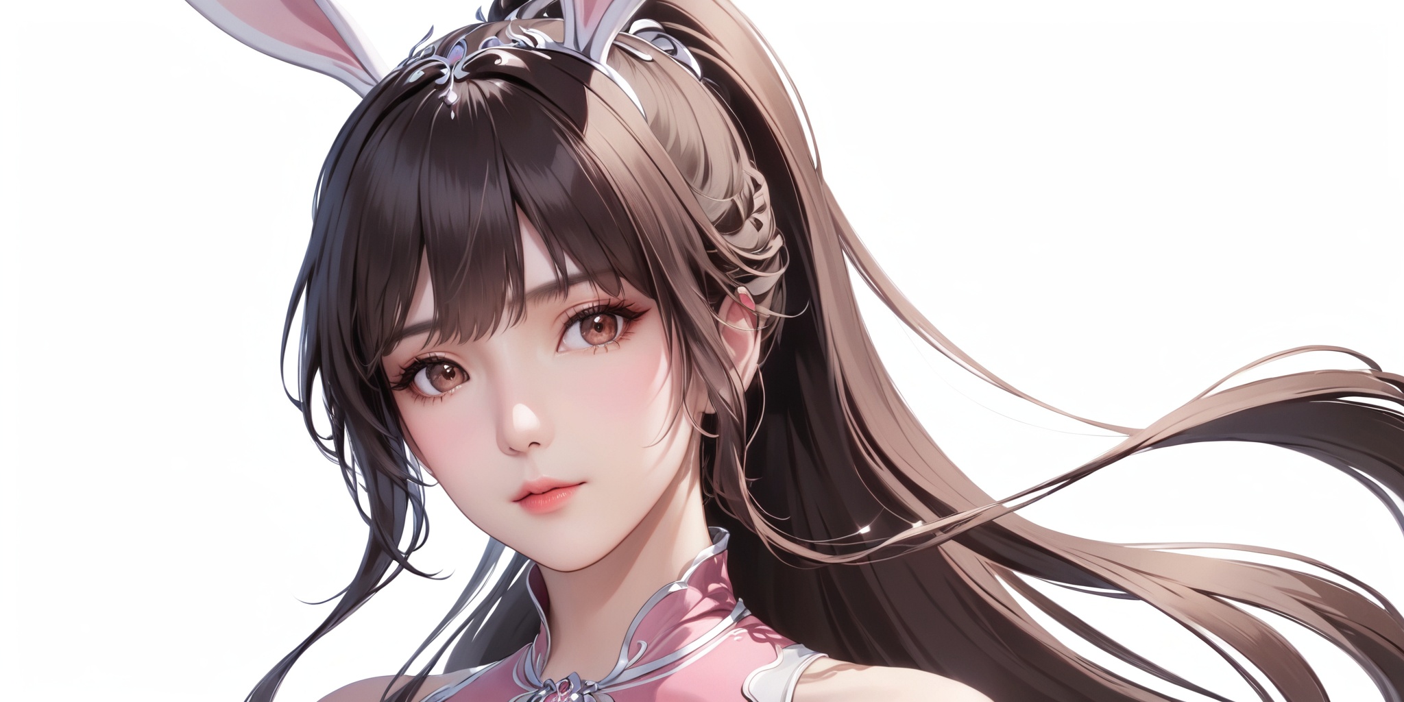 masterpiece,best quality,huge filesize,fantasy,illustration,simple white background,portrait,upper_body,1 woman,(mature_female:1.2),solo,rabbit ears,brown eyes,dress,long hair,pink dress,very long hair,brown hair,ponytail,hair ornament,black hair,collar,<lora:XL小舞成年2.0:0.7>,