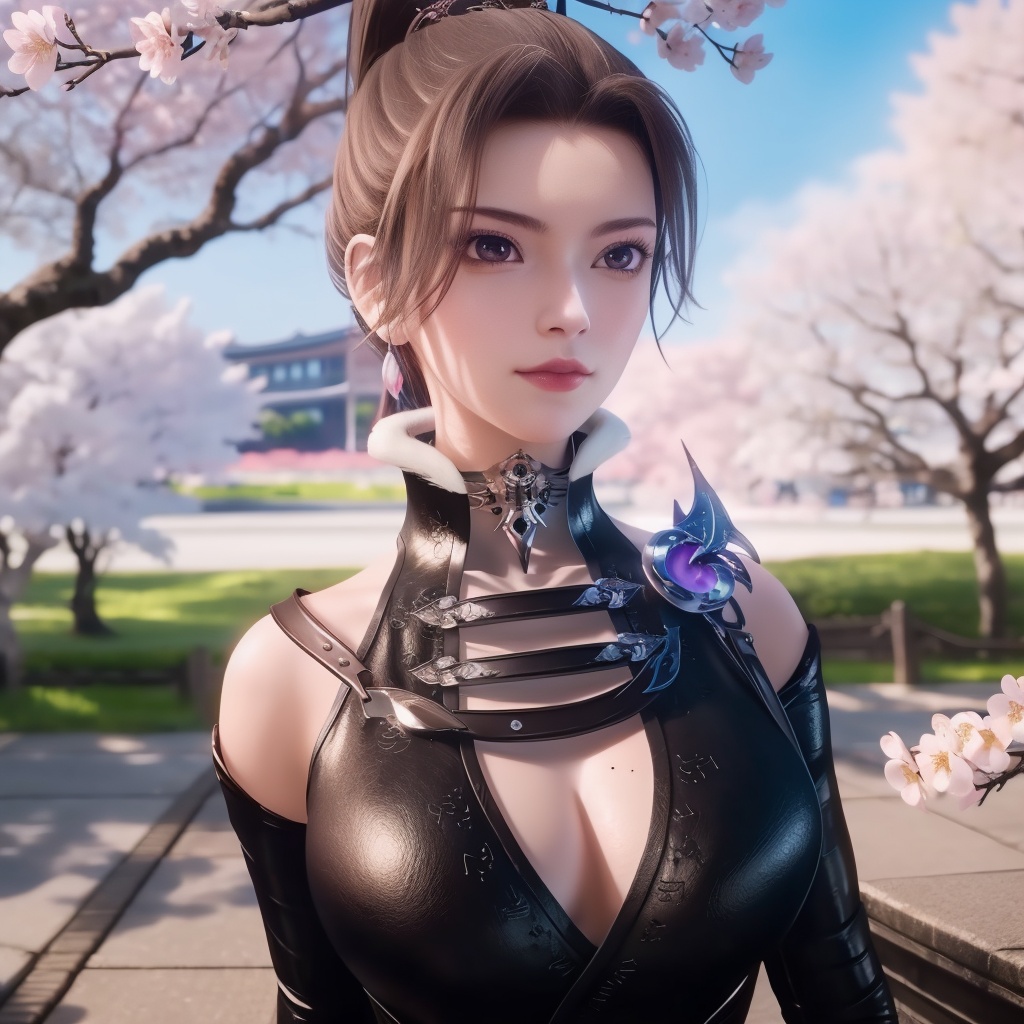 <lora:万界至尊-李雪衣-皮衣:0.8>, (,1girl, ,best quality, ),looking at viewer,  ultra realistic 8k cg,ultra detailed 8k cg,masterpiece,upper body,  (( , )),, ,science fiction,mole, ,    ,outdoors, sun,sunlight, cherry blossoms,      (cleavage),,  (),