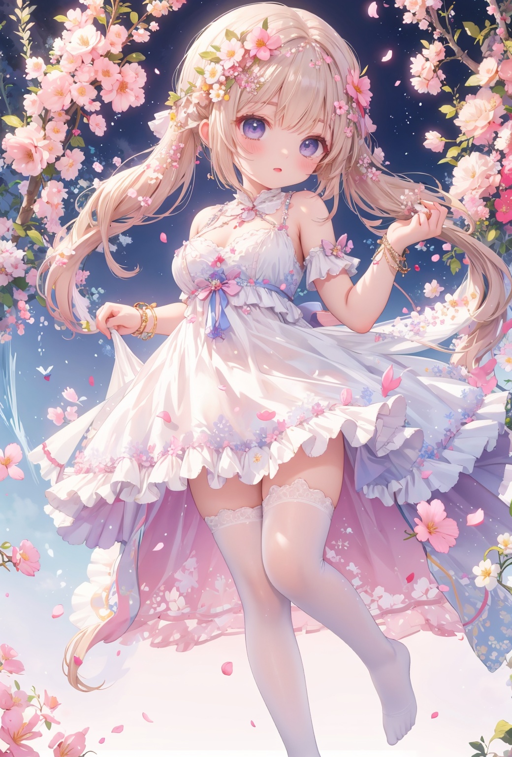 masterpiece,best quality,absurdres,1girl,solo,beautiful detailed girl,fine and beautiful detailed skin,dress,full body,white legwear,perky breasts,glowing petals,floating petals,frills,layered,extremely detailed beautiful background,CG,8K wallpaper,floral_background,<lora:royta v1.1:0.2>,<lora:torino_aqua:0.16>,<lora:fairycore:0.13>,